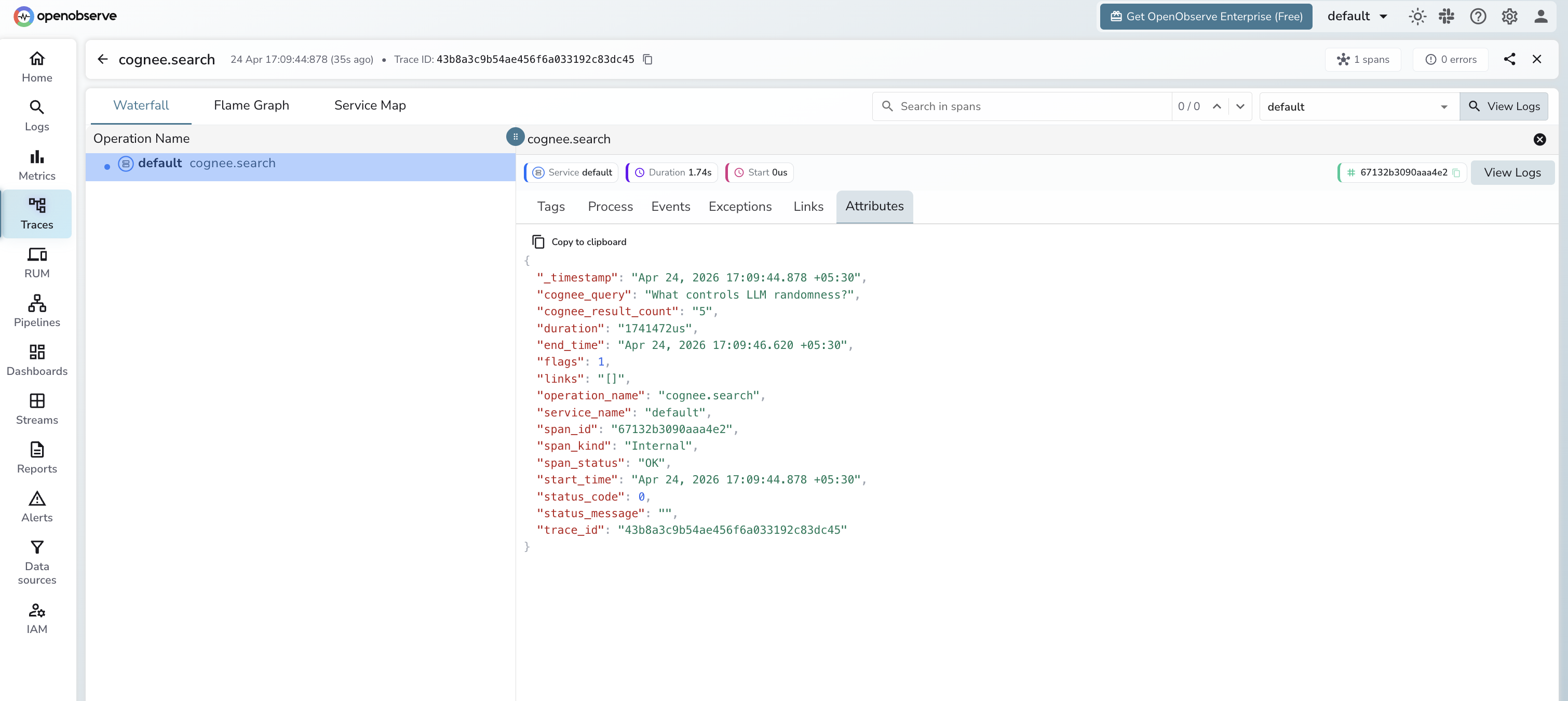 Cognee trace in OpenObserve