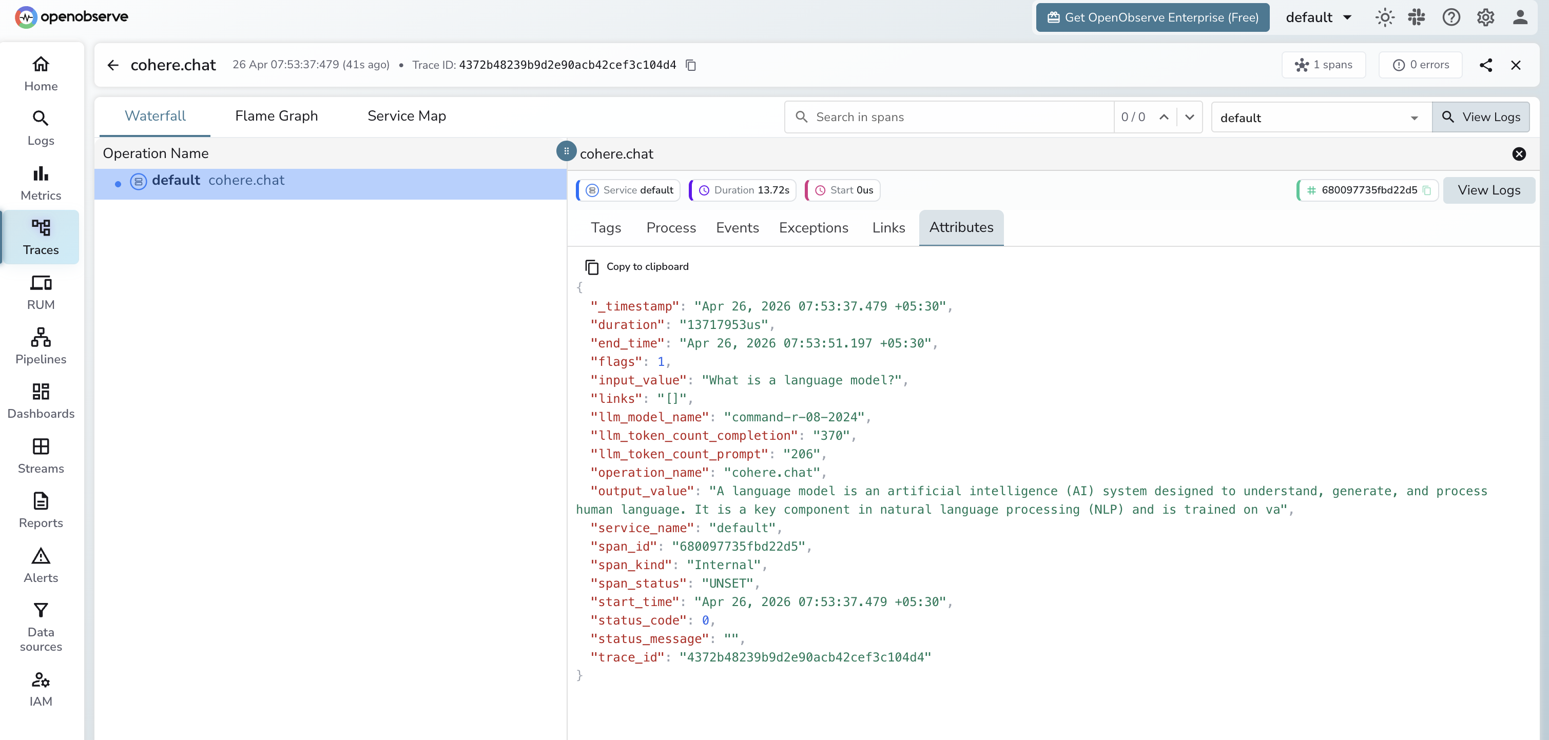 Cohere trace in OpenObserve