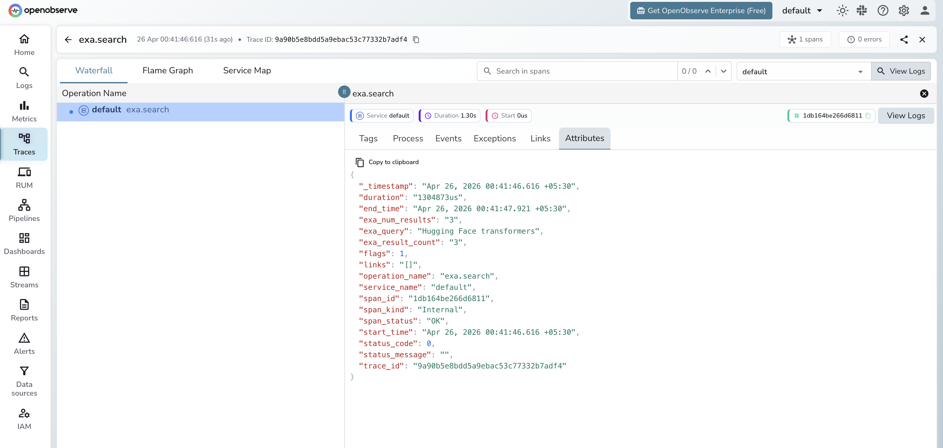 Exa search trace in OpenObserve