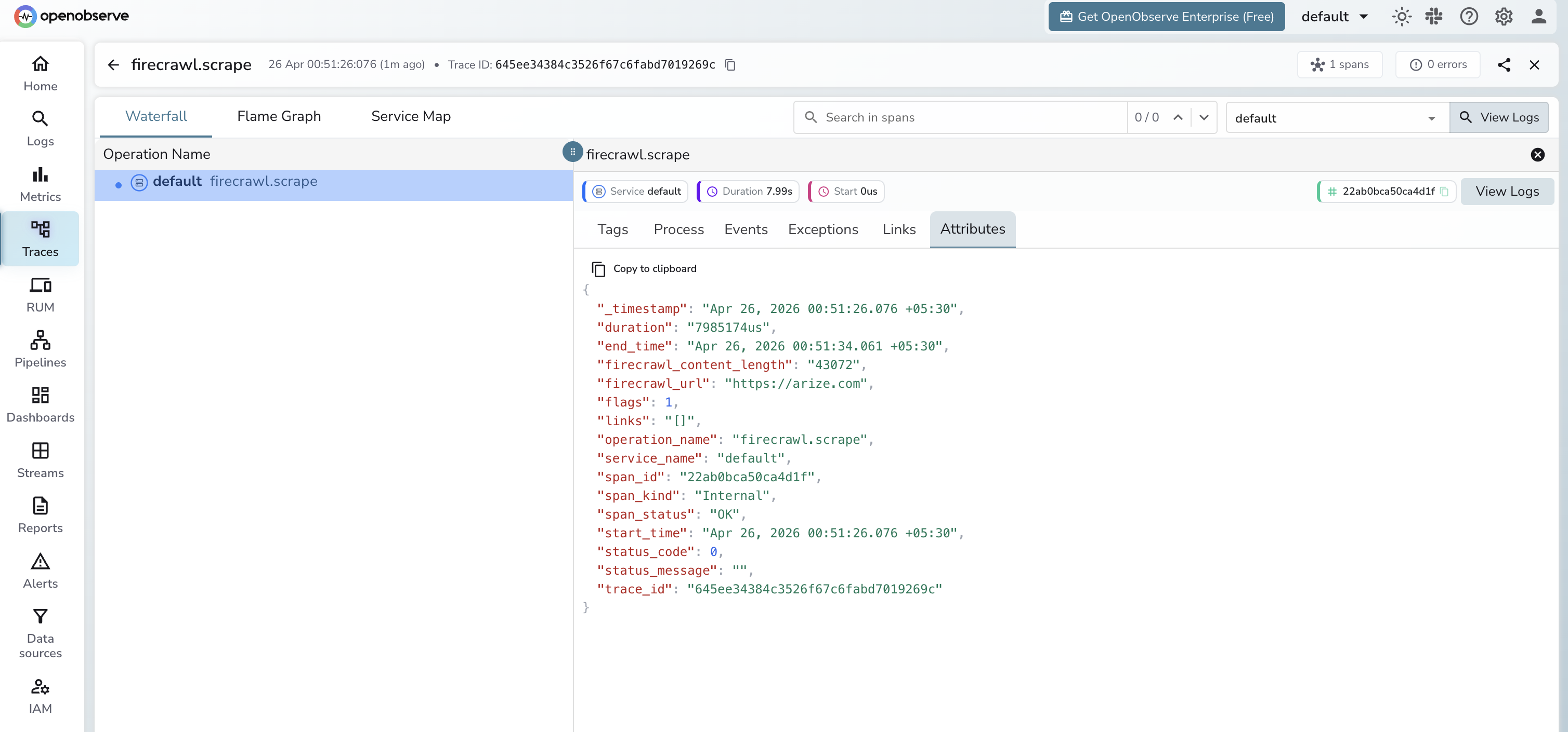 Firecrawl scrape trace in OpenObserve