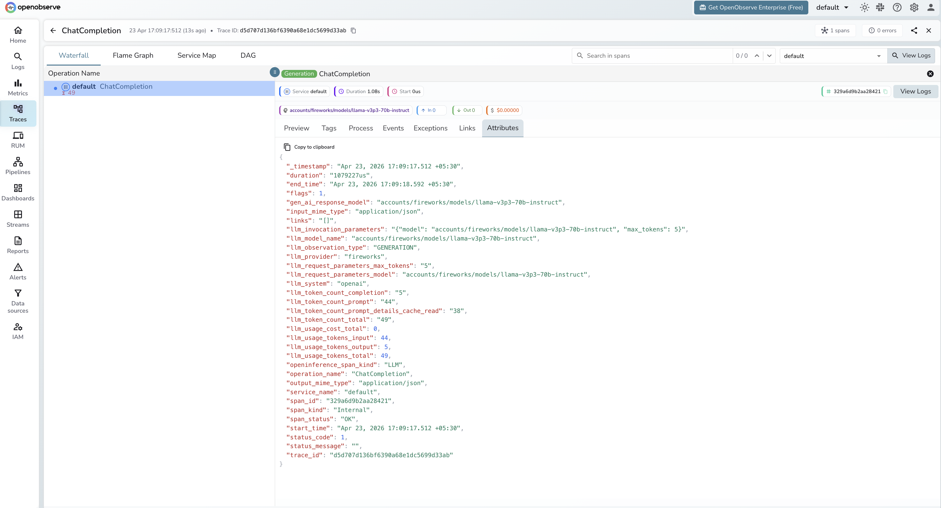 Fireworks AI trace in OpenObserve