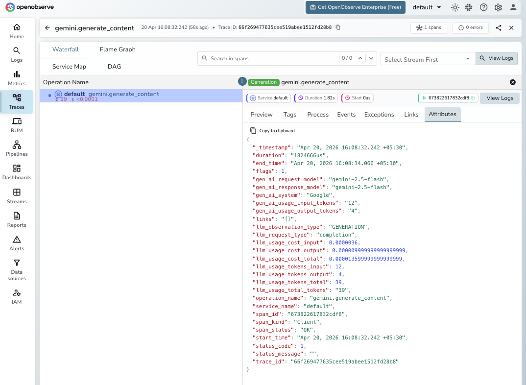 Gemini trace span attributes in OpenObserve