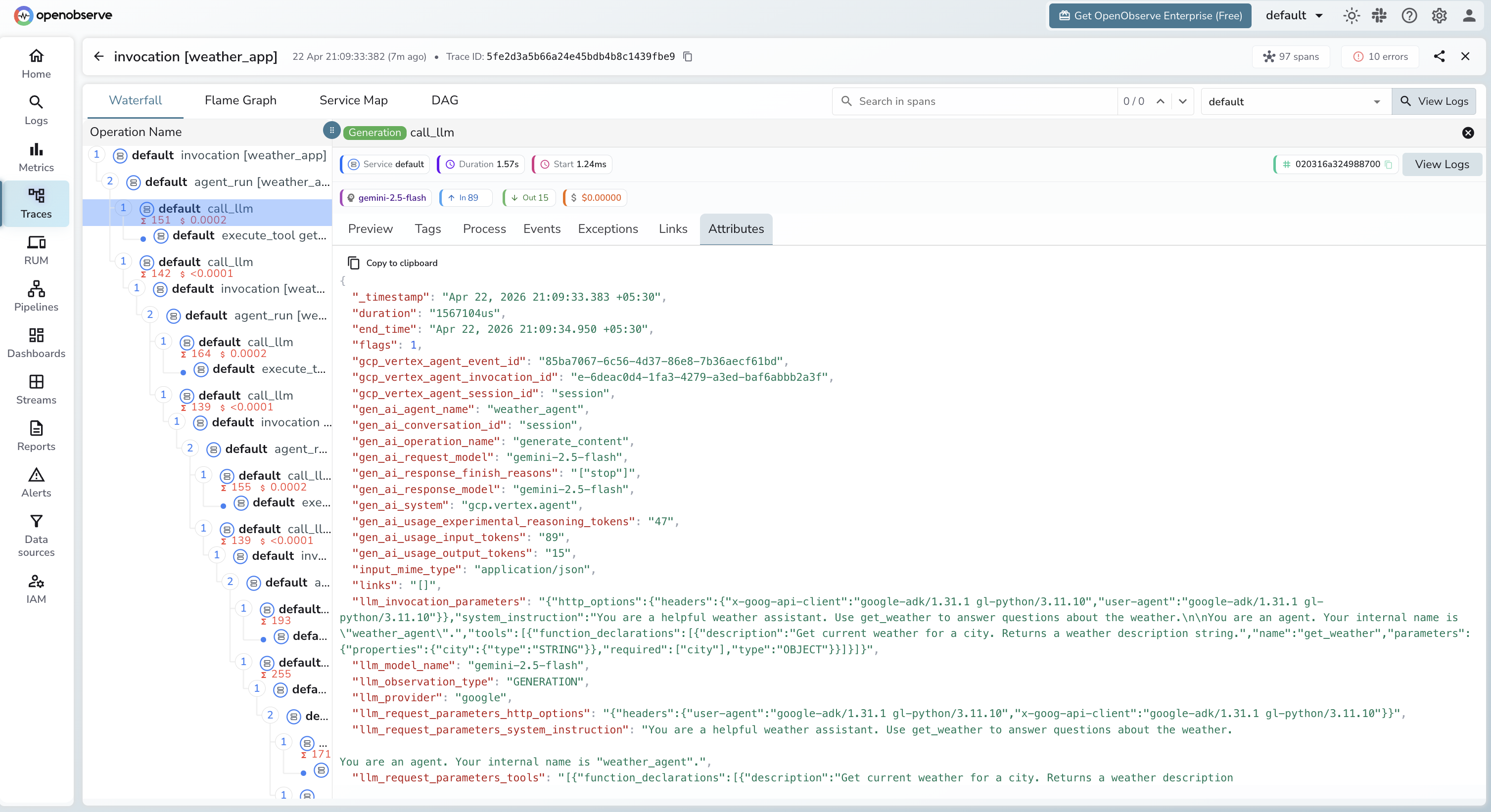 Google ADK trace in OpenObserve