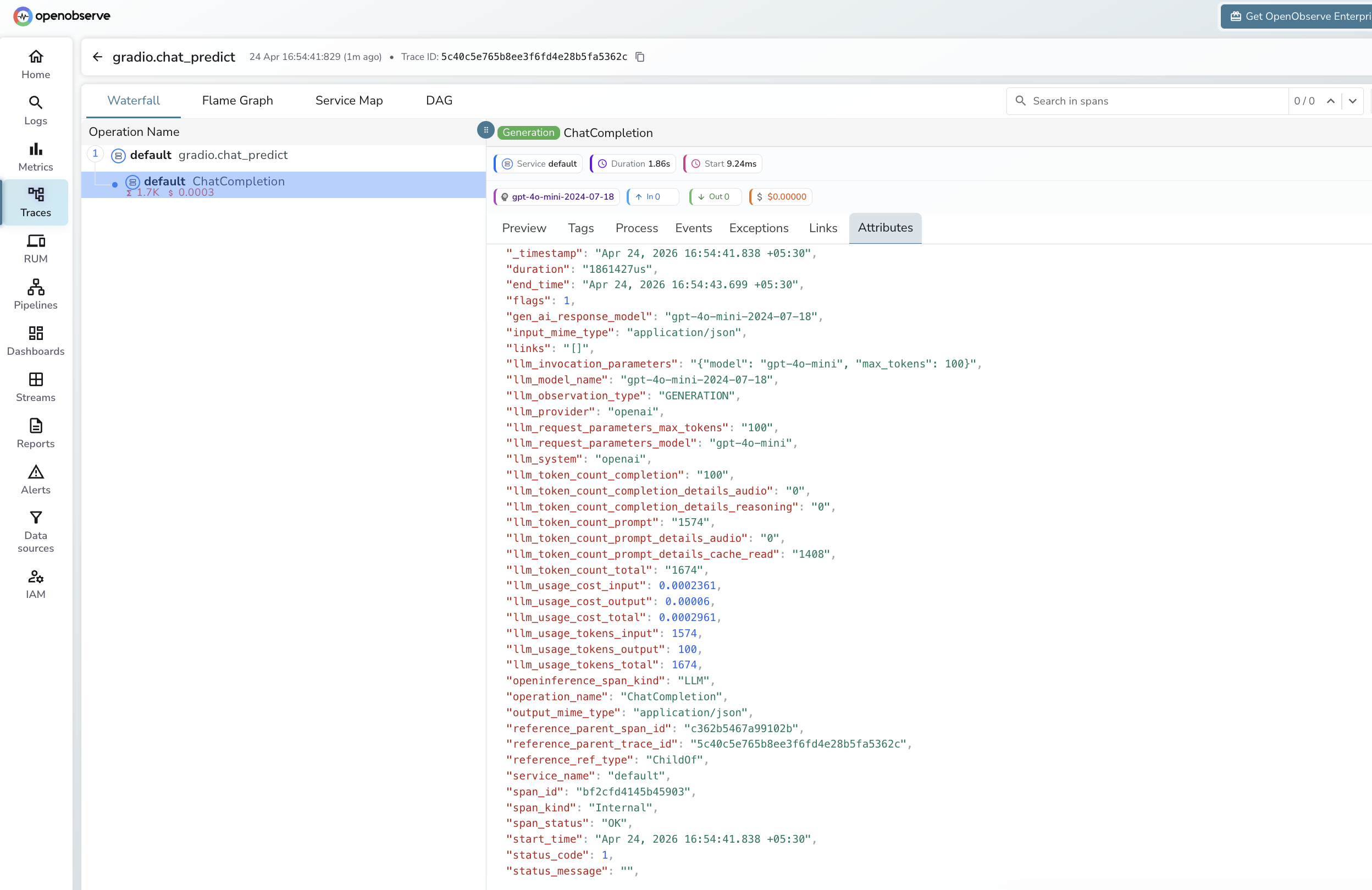Gradio trace in OpenObserve