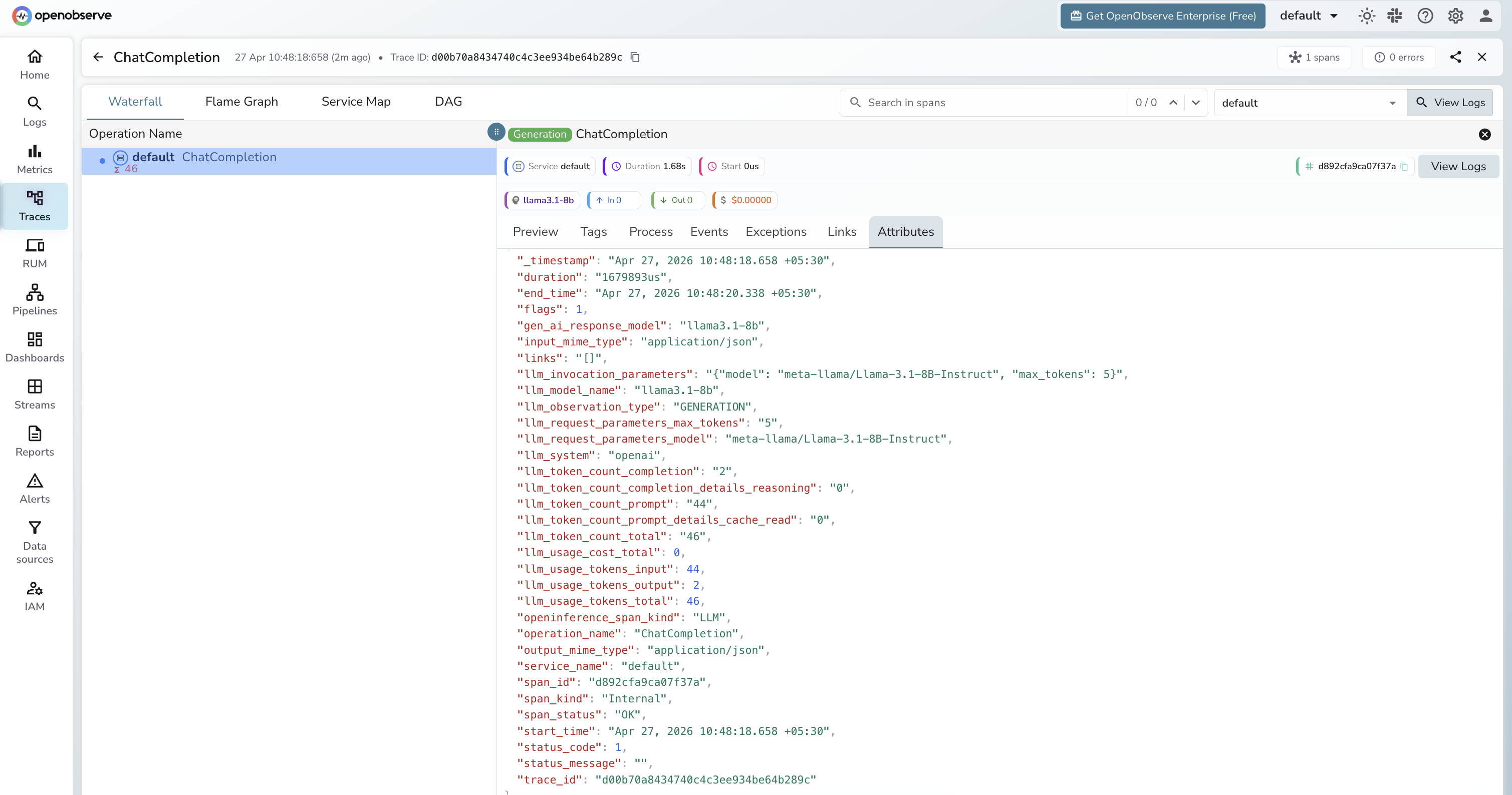 Hugging Face trace in OpenObserve