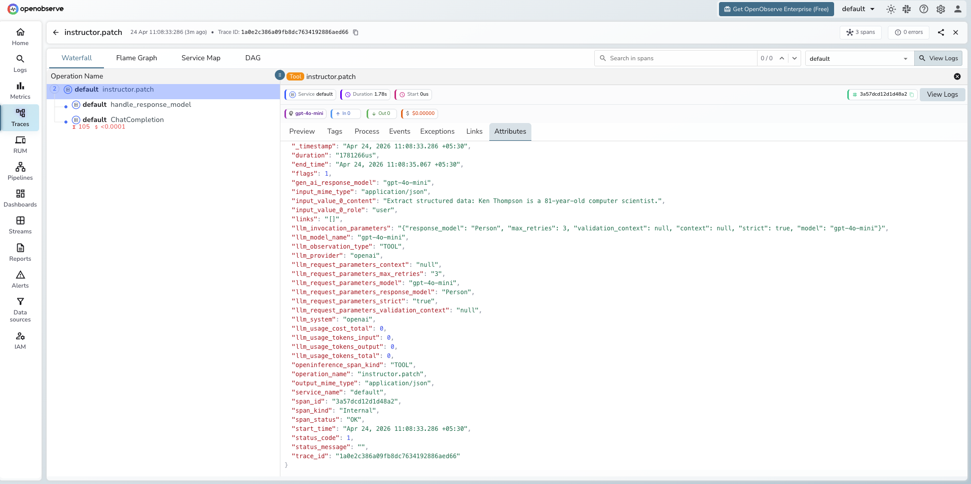 Instructor trace in OpenObserve
