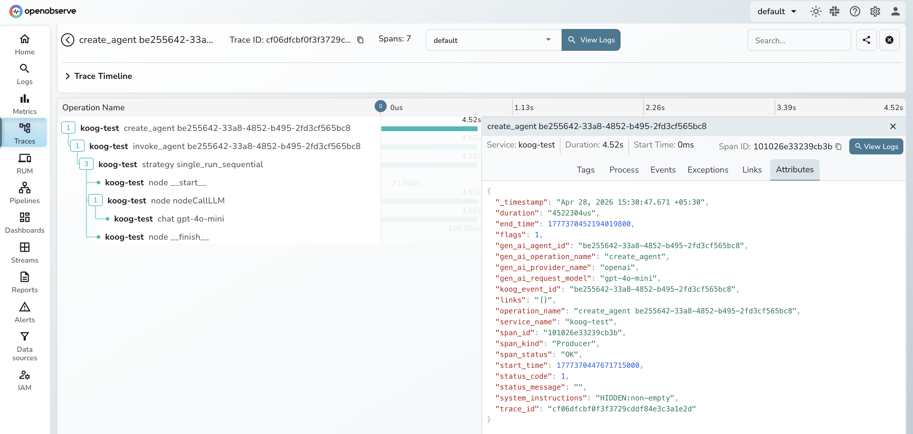 Koog traces in OpenObserve