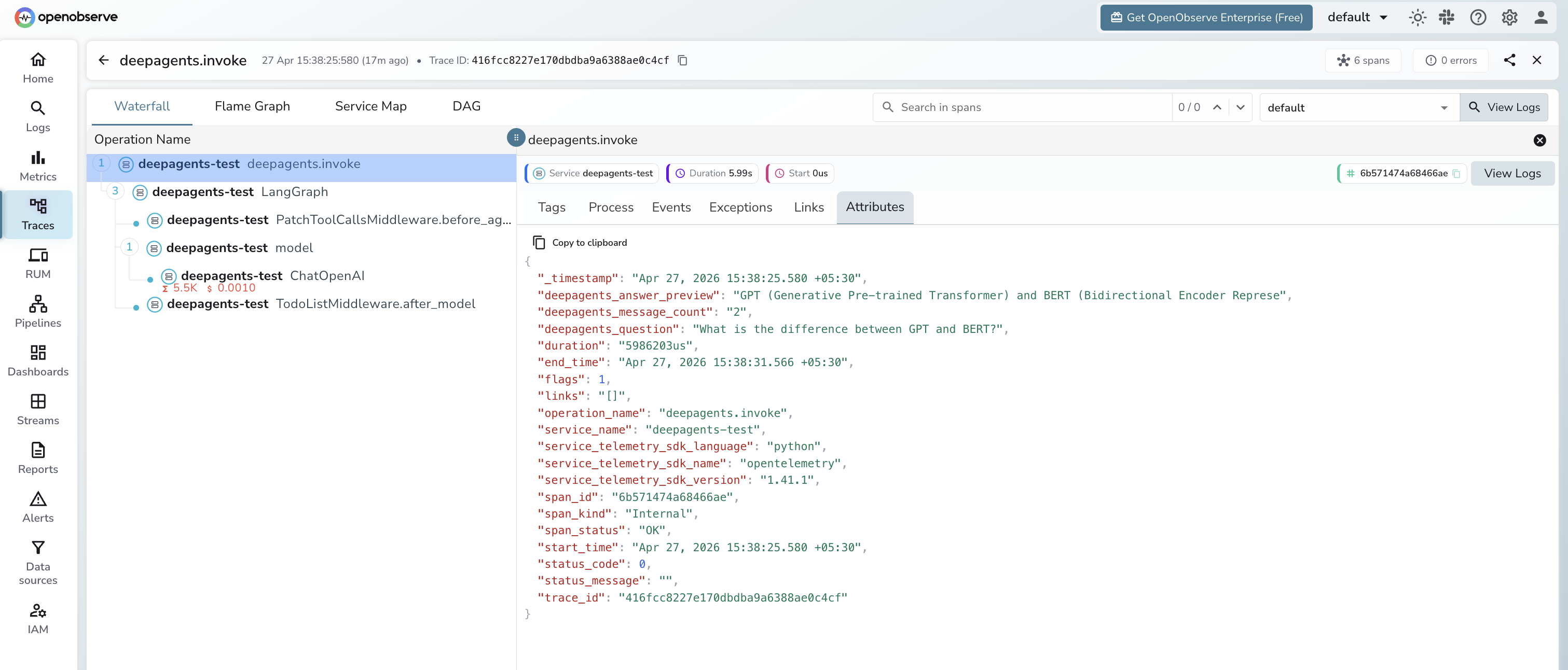 LangChain DeepAgents traces in OpenObserve