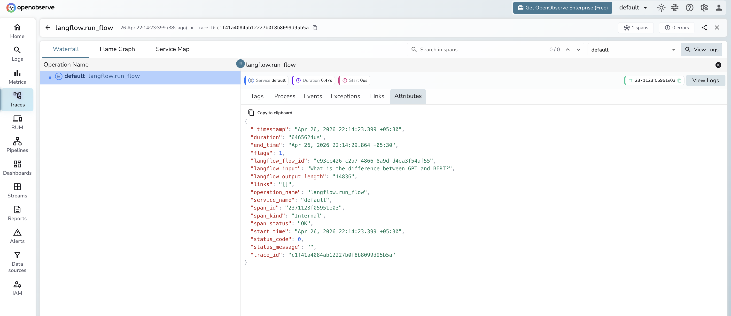 Langflow trace span attributes in OpenObserve