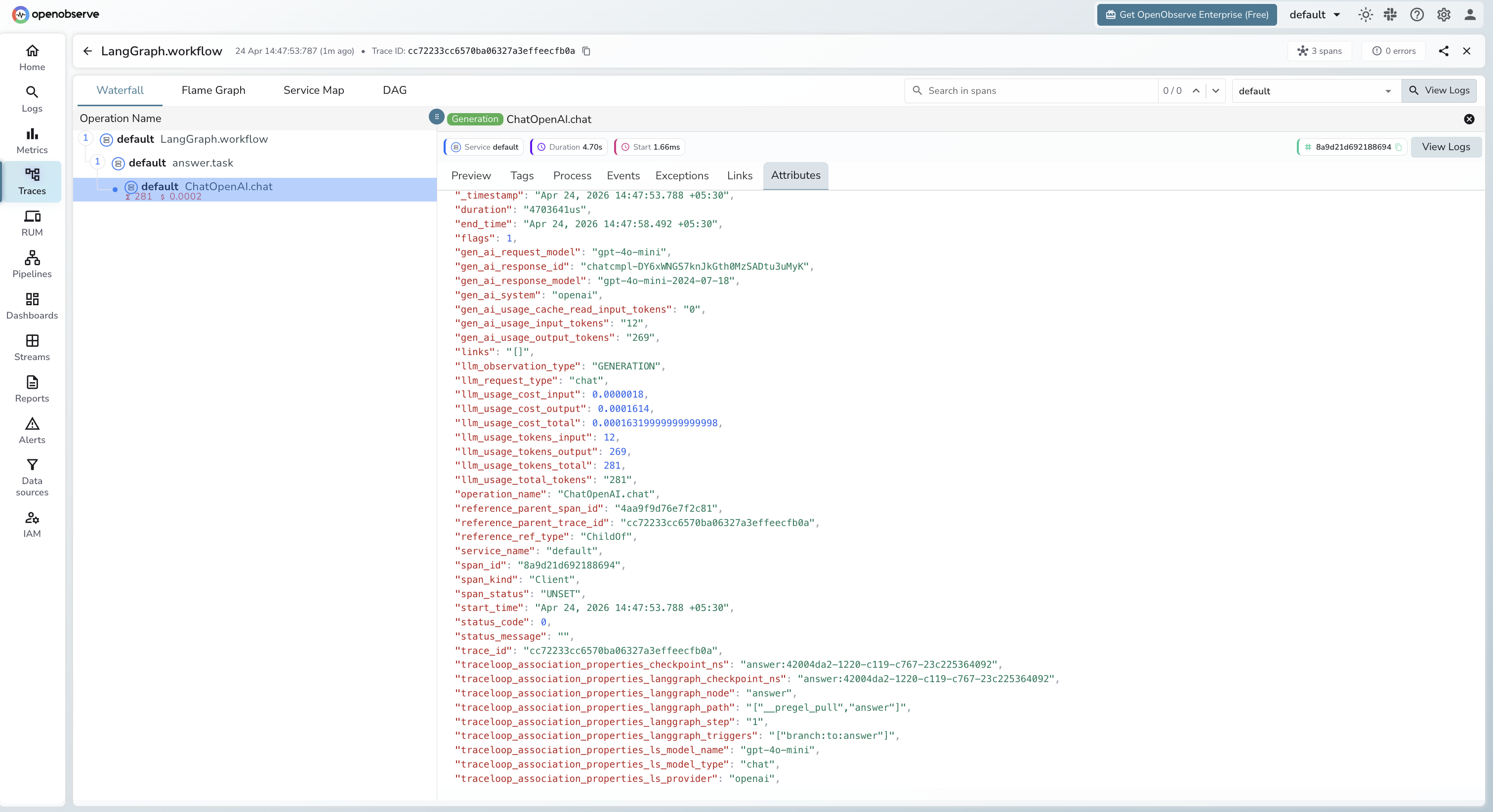 LangGraph trace in OpenObserve