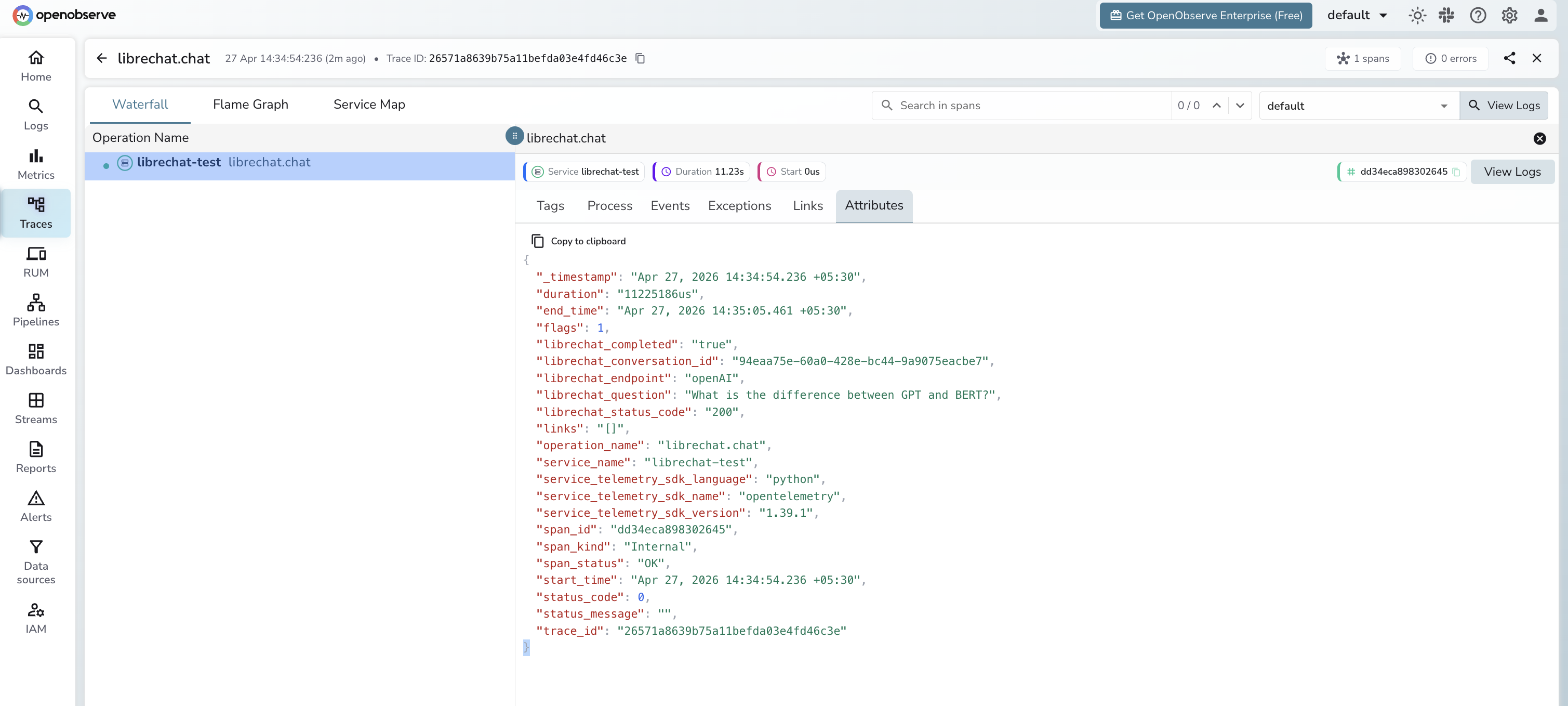 LibreChat trace in OpenObserve