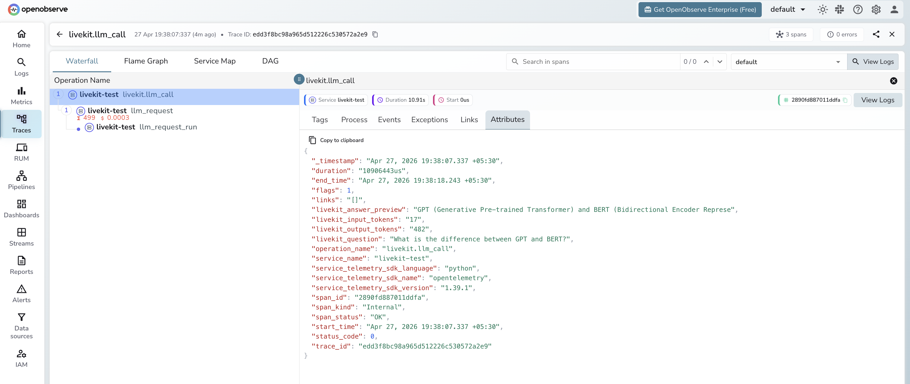 LiveKit traces in OpenObserve