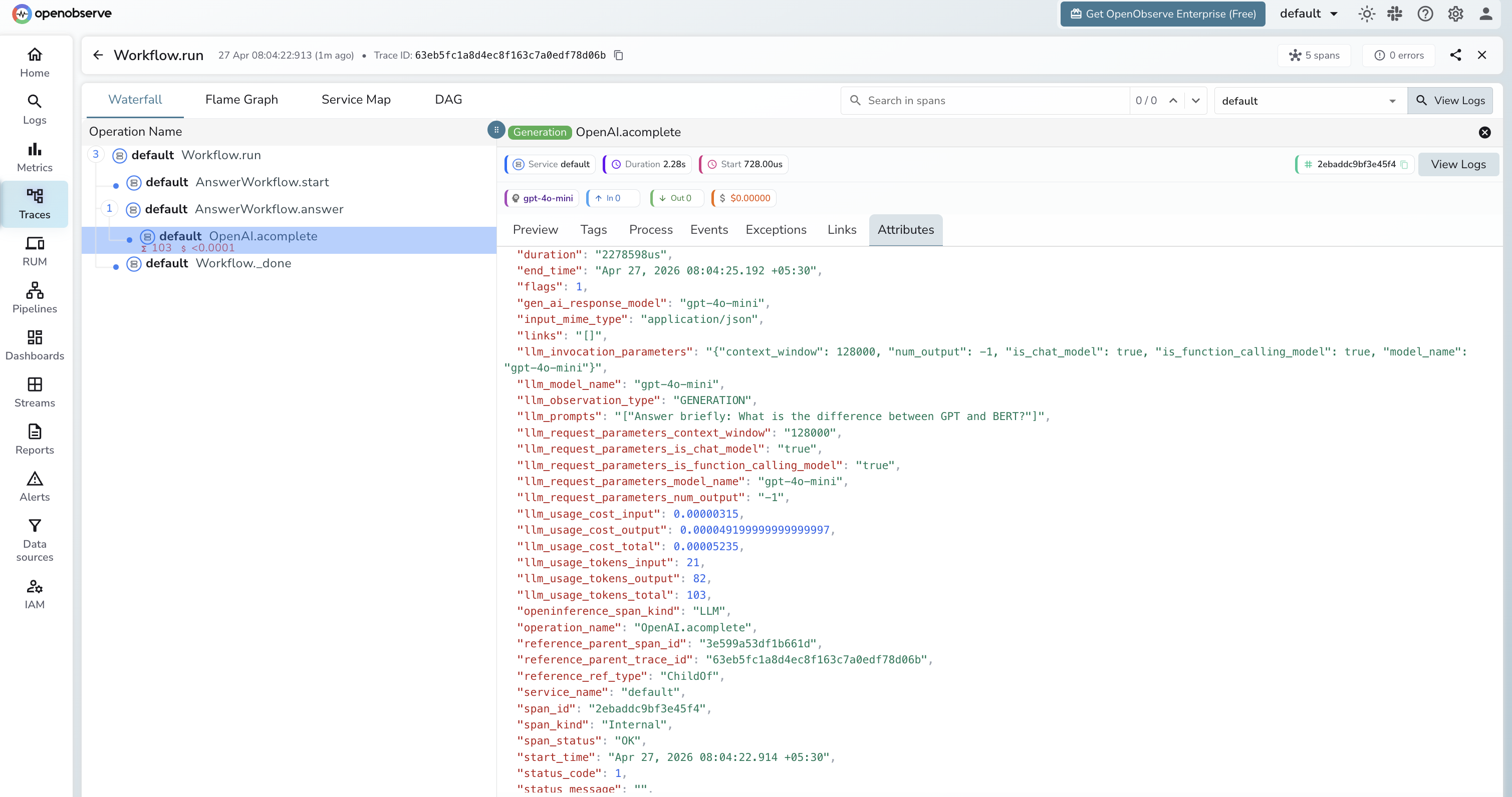 LlamaIndex Workflows trace in OpenObserve
