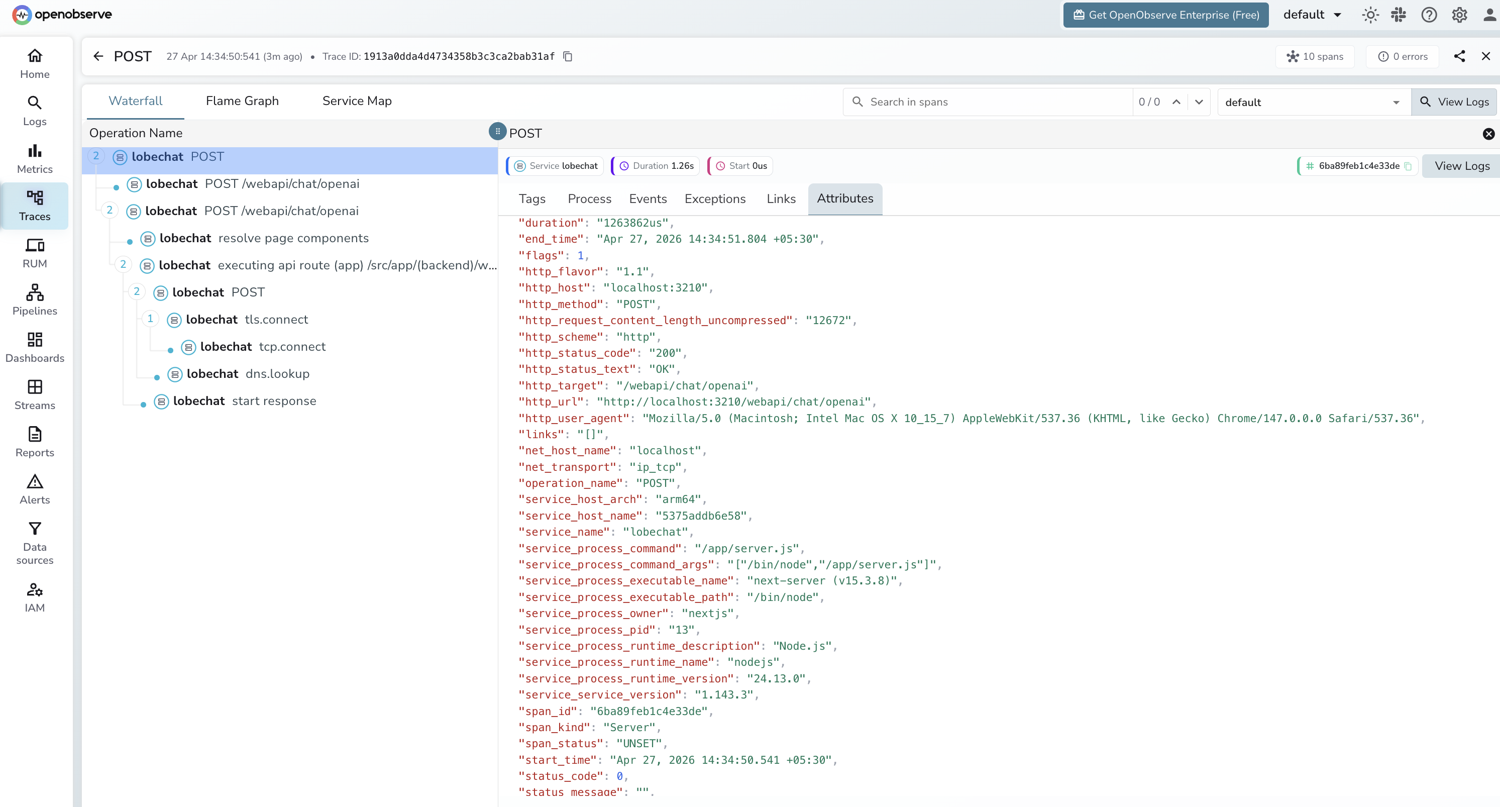 LobeChat trace in OpenObserve