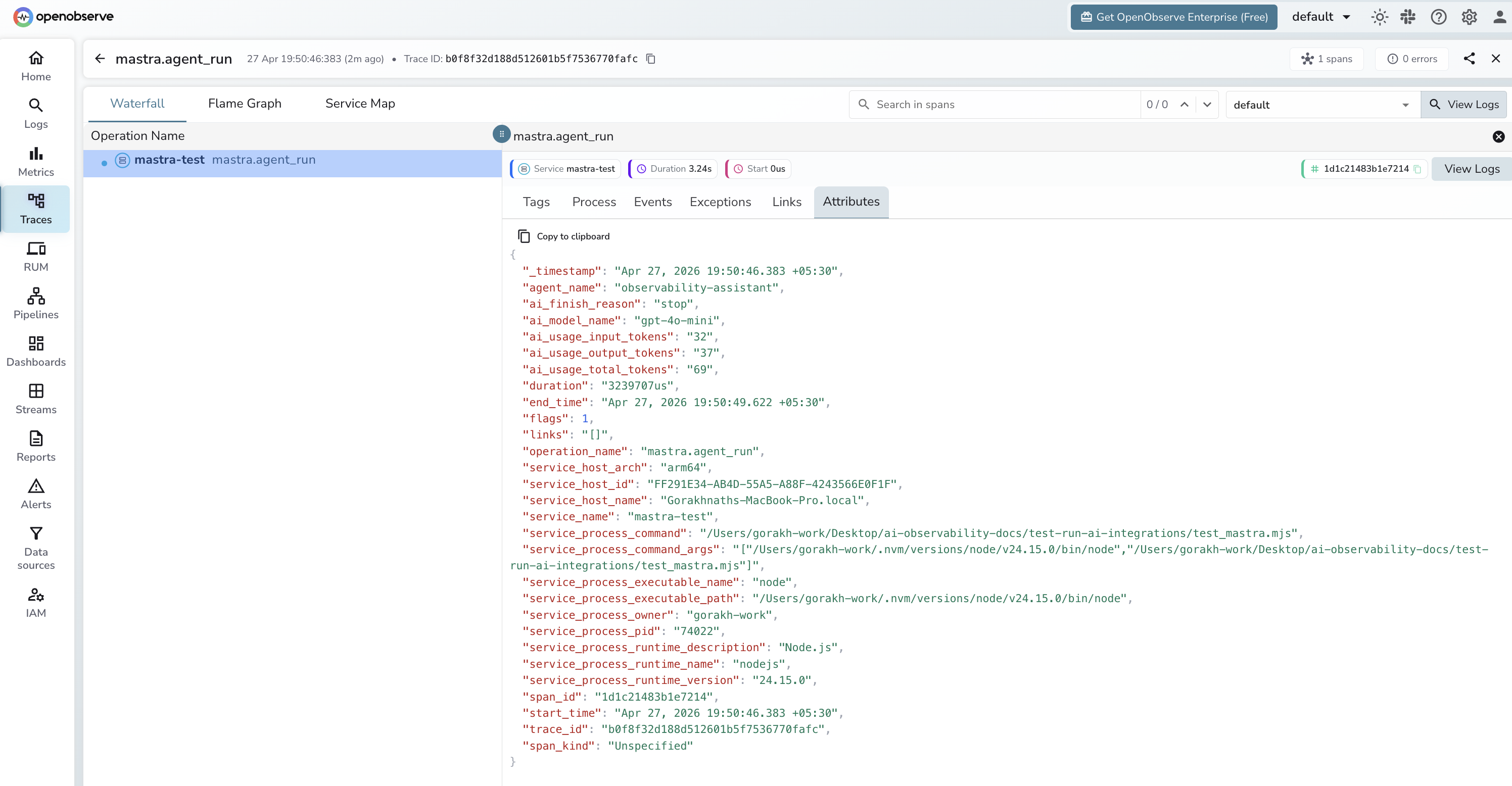 Mastra traces in OpenObserve