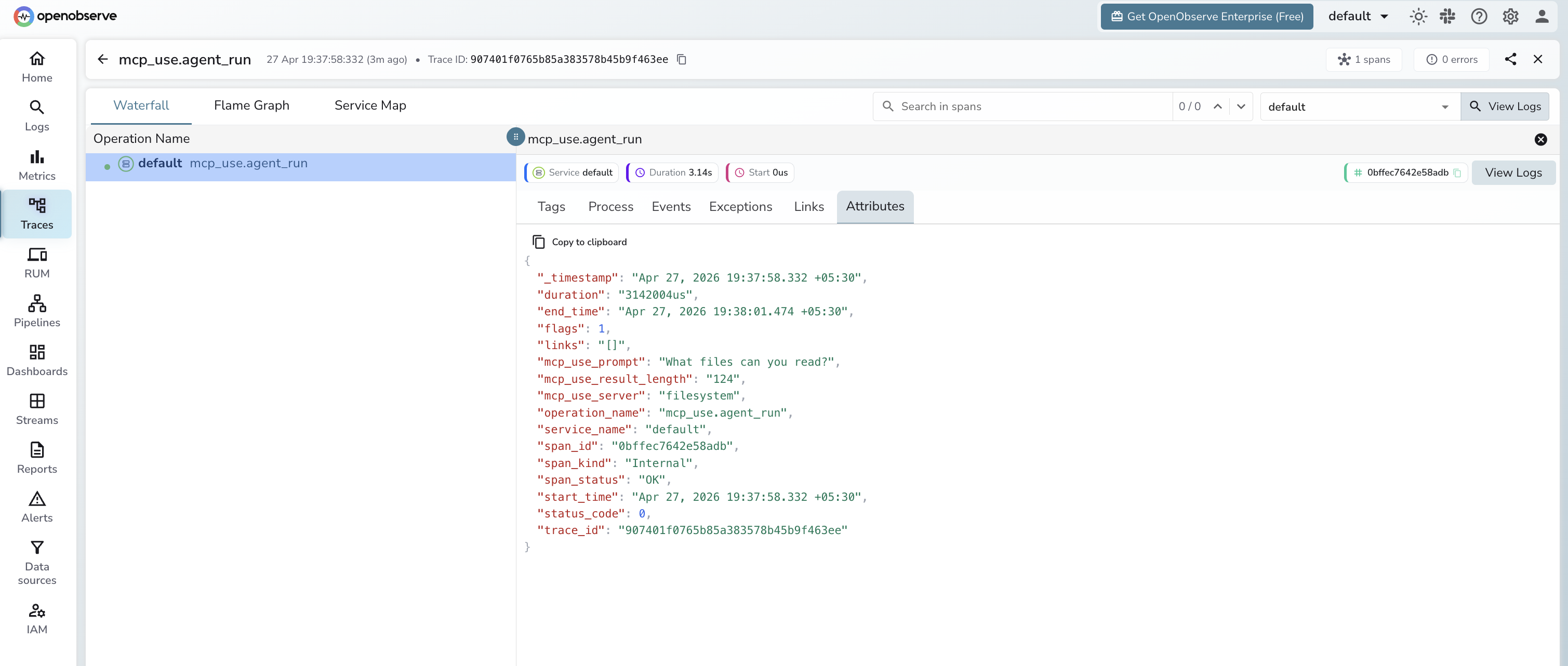 mcp-use trace in OpenObserve
