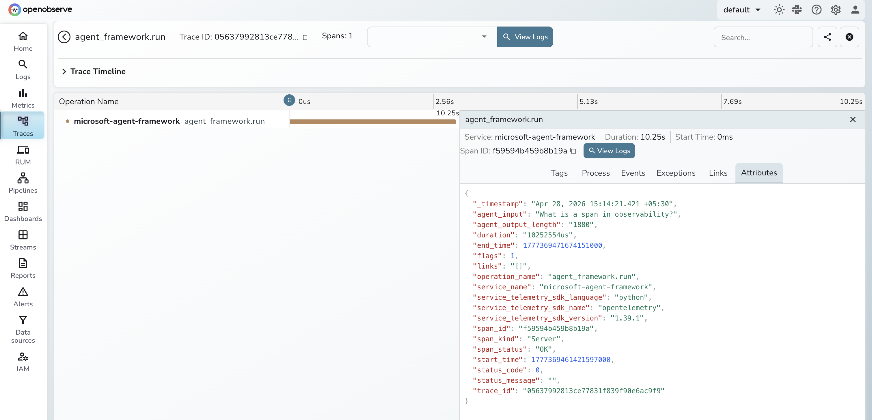Microsoft Agent Framework traces in OpenObserve