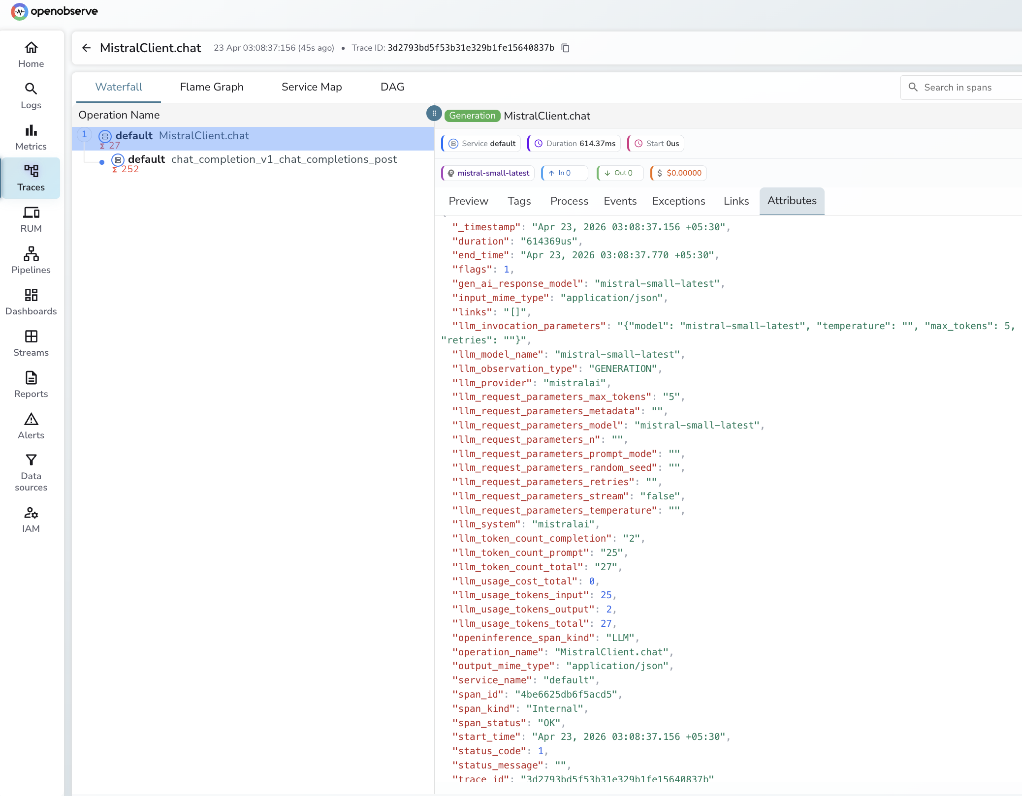Mistral trace in OpenObserve