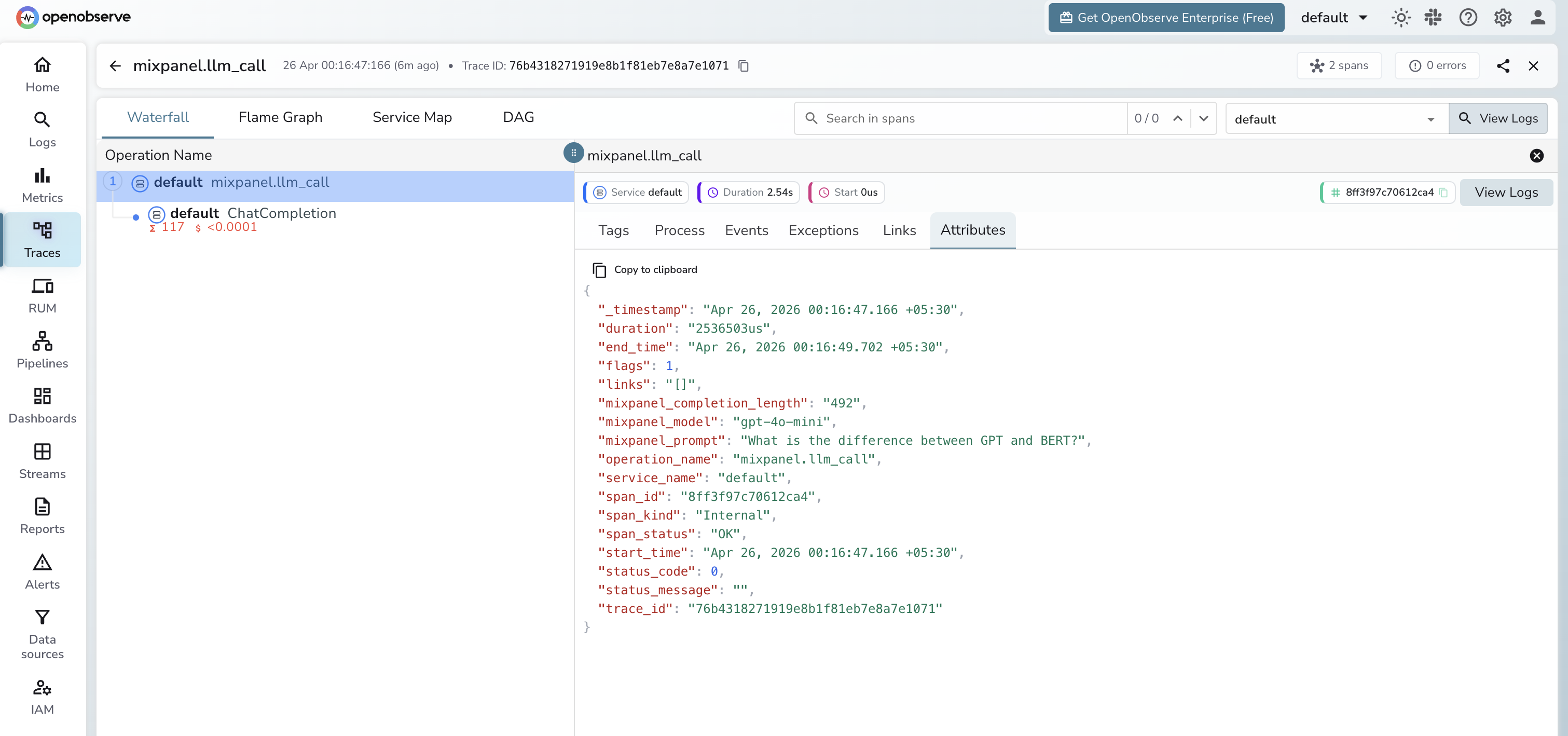 Mixpanel LLM trace in OpenObserve