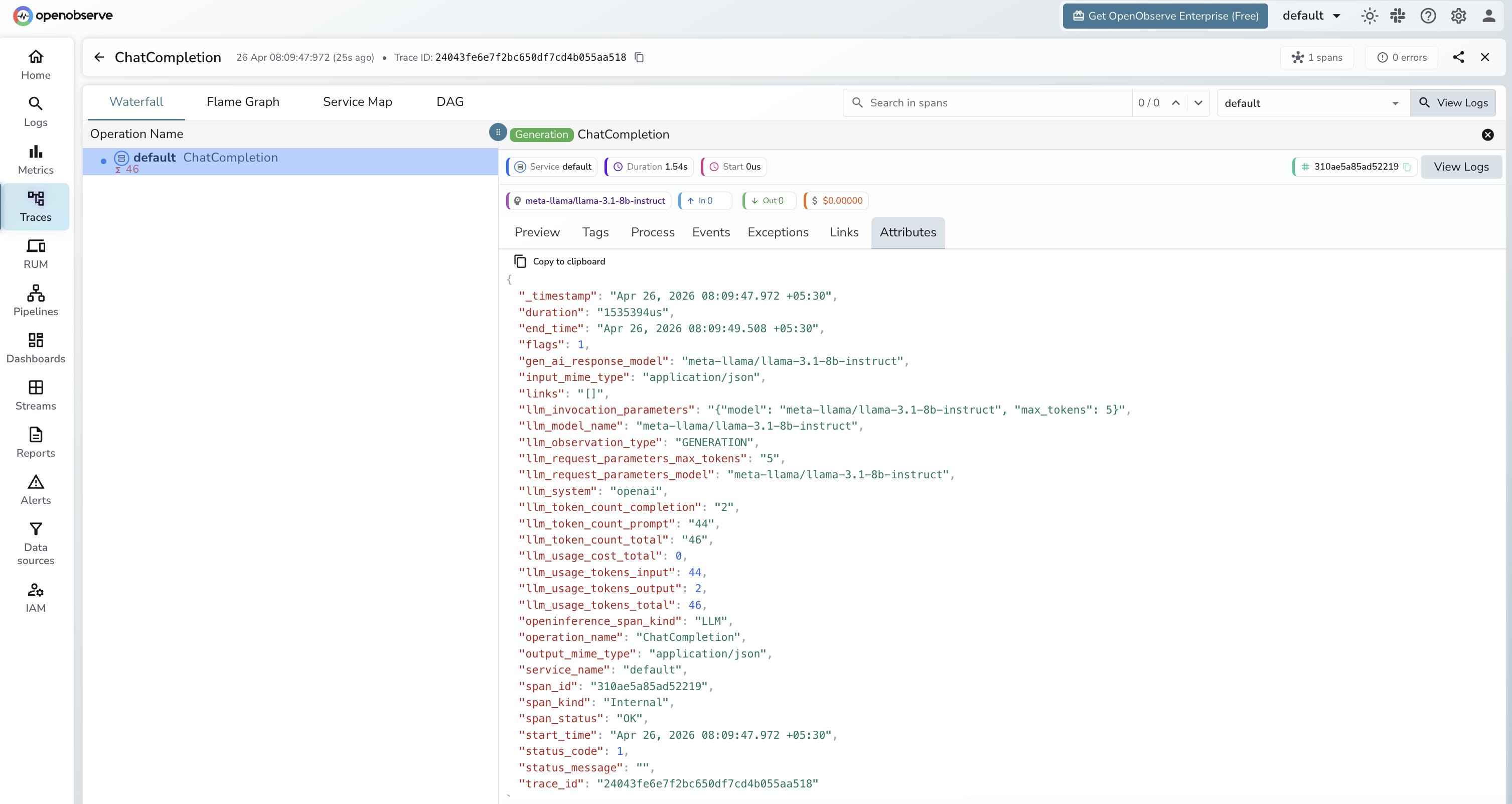 Novita AI trace in OpenObserve