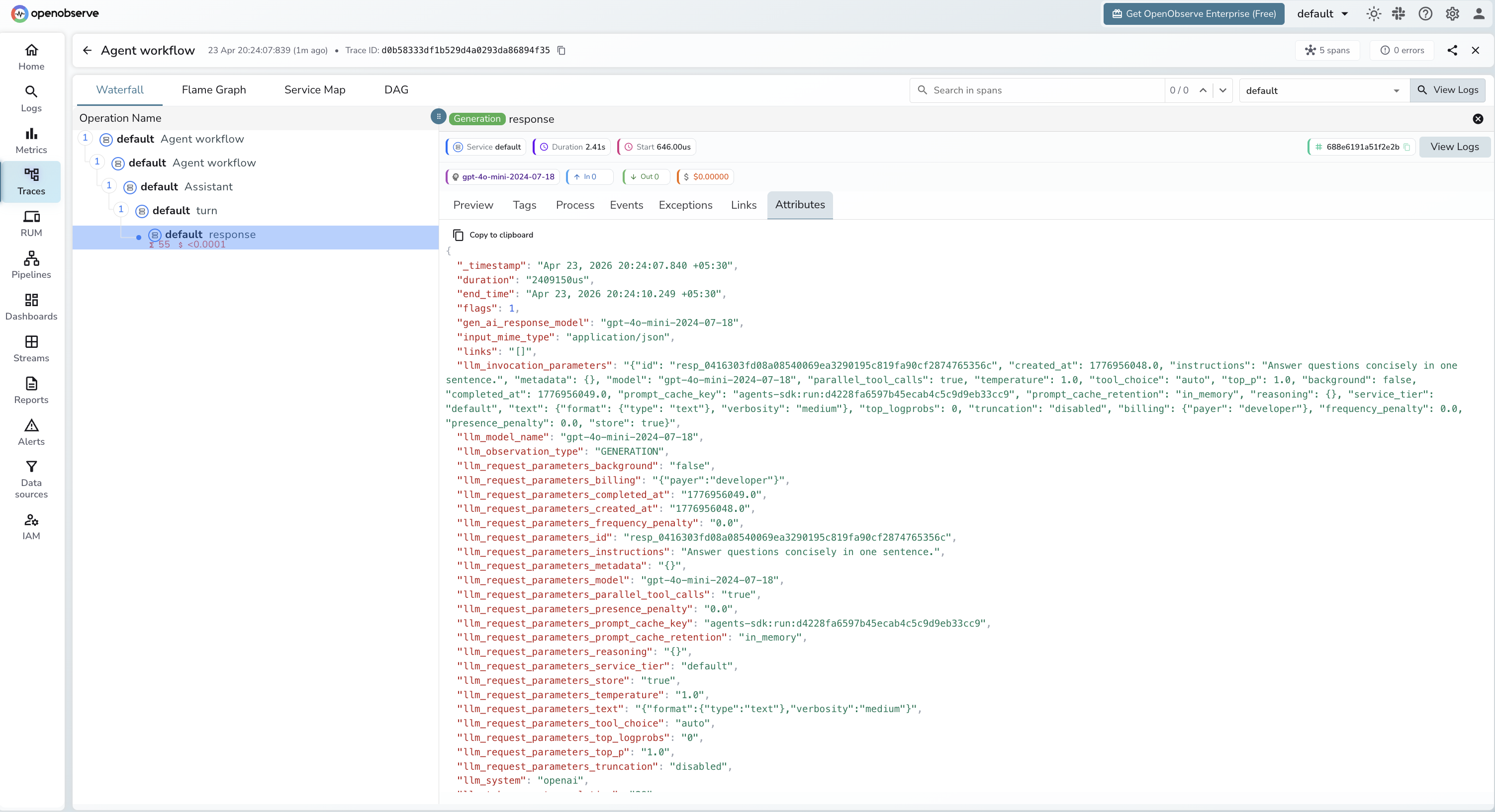 OpenAI Agents trace waterfall in OpenObserve