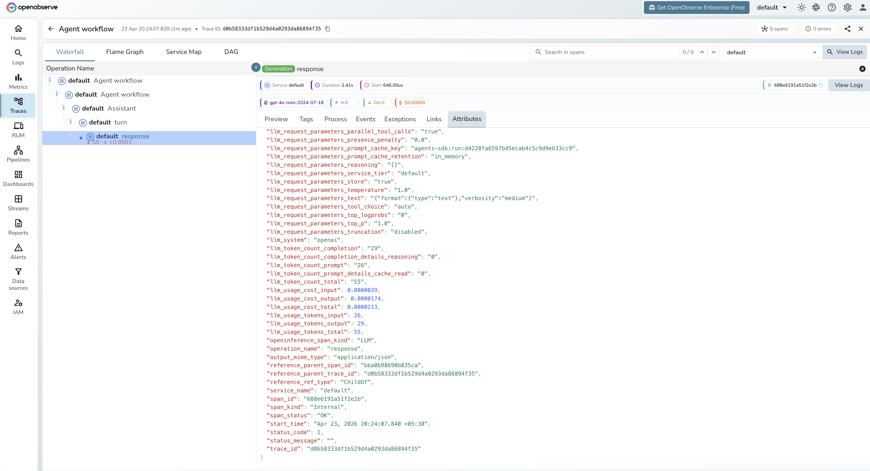 OpenAI Agents LLM span attributes in OpenObserve