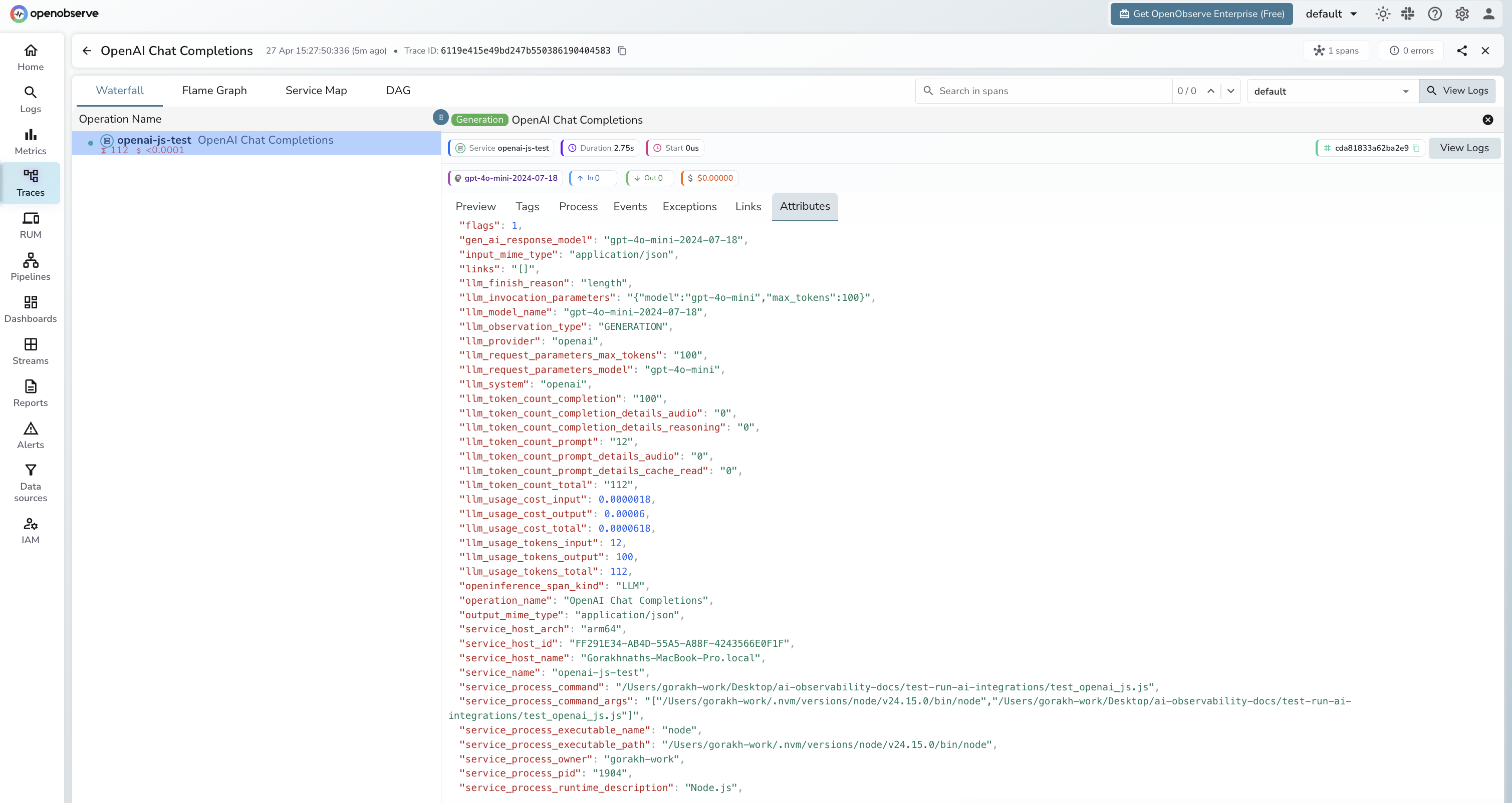 OpenAI JS traces in OpenObserve