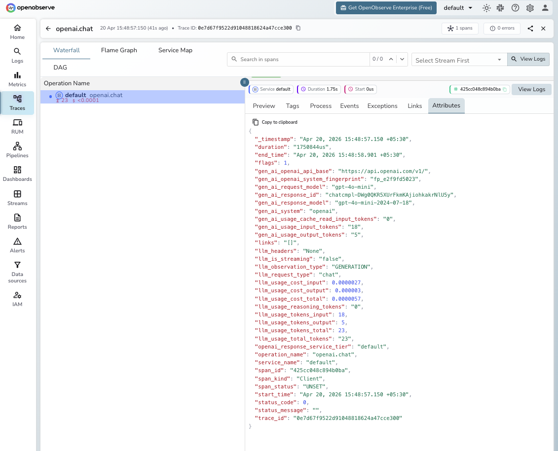 OpenAI trace span attributes in OpenObserve