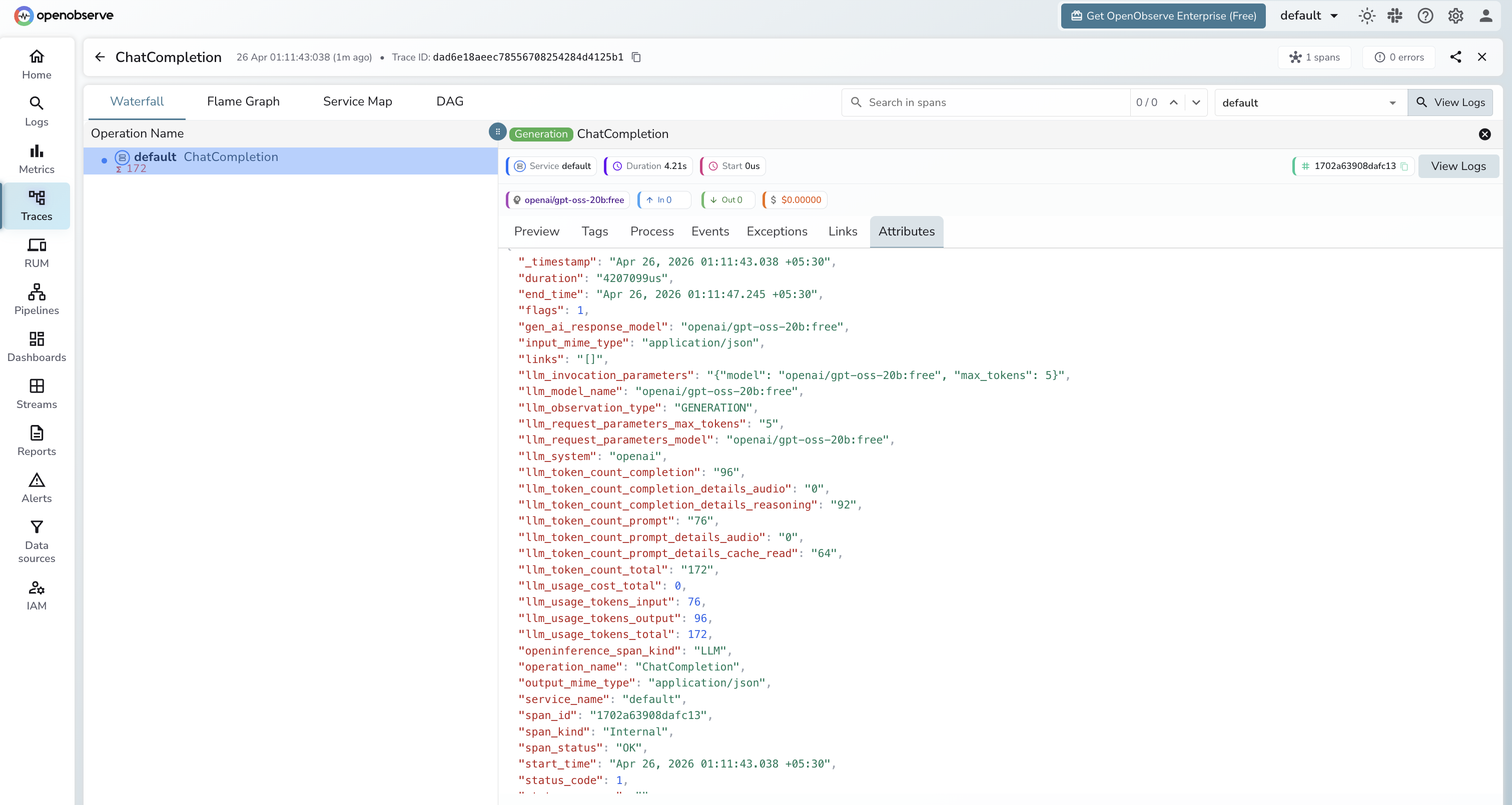 OpenRouter trace in OpenObserve