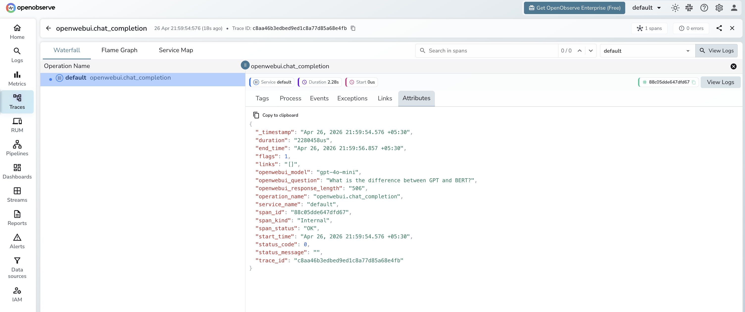 Open WebUI trace in OpenObserve