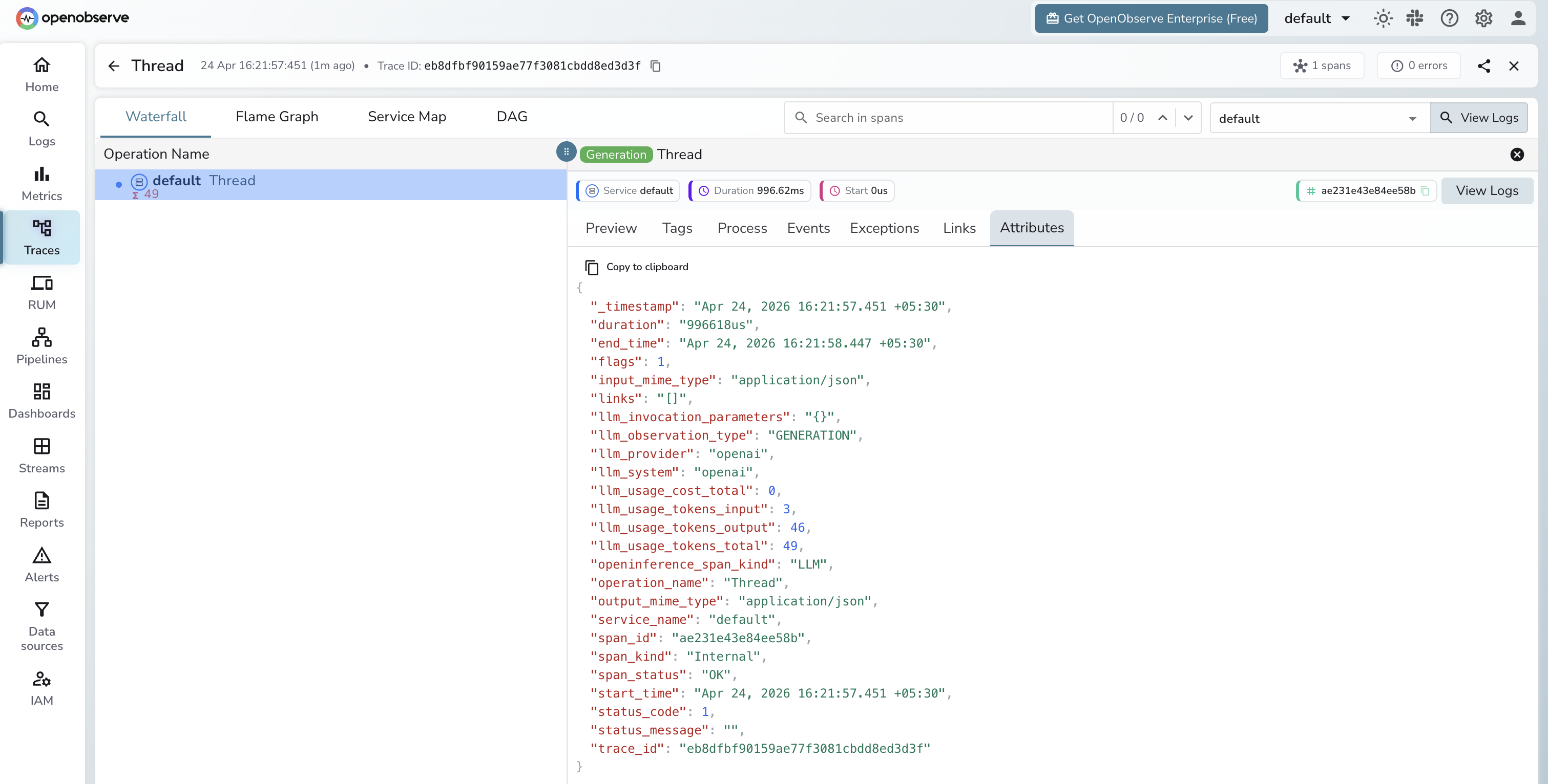 OpenAI Assistants API trace in OpenObserve