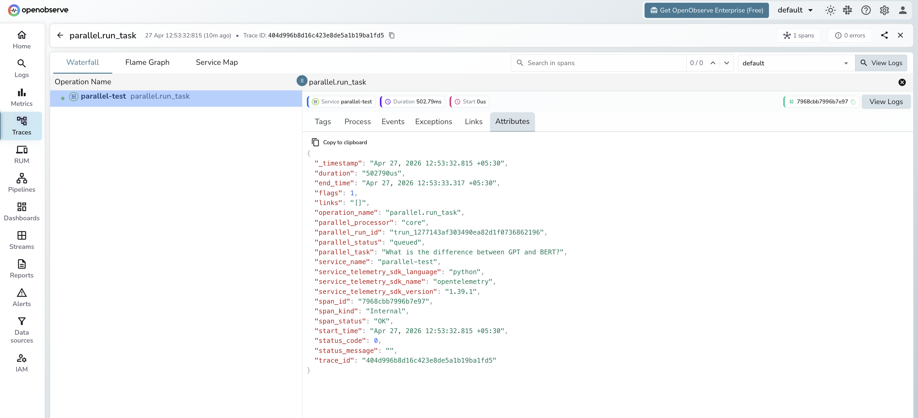 Parallel task trace in OpenObserve