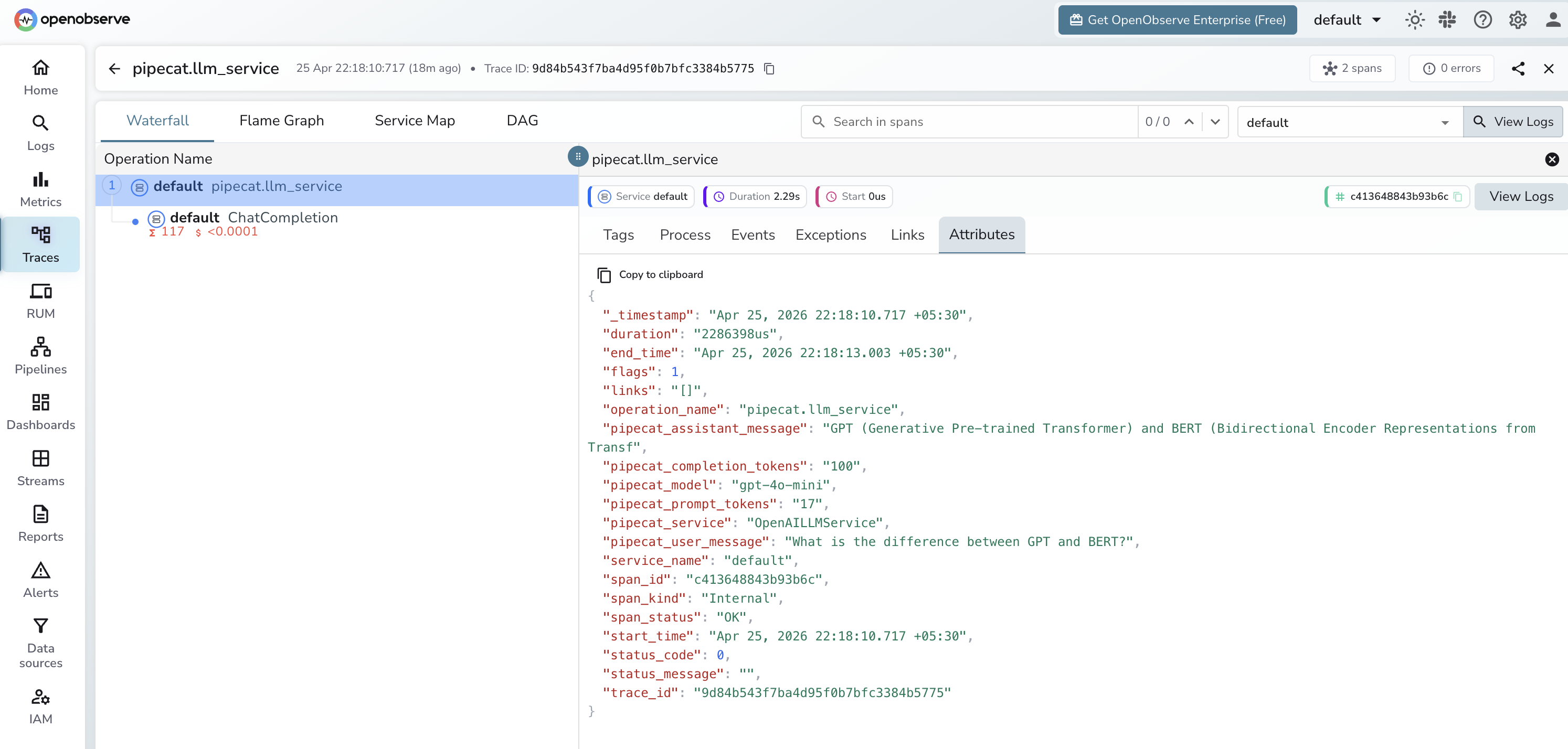 Pipecat trace in OpenObserve