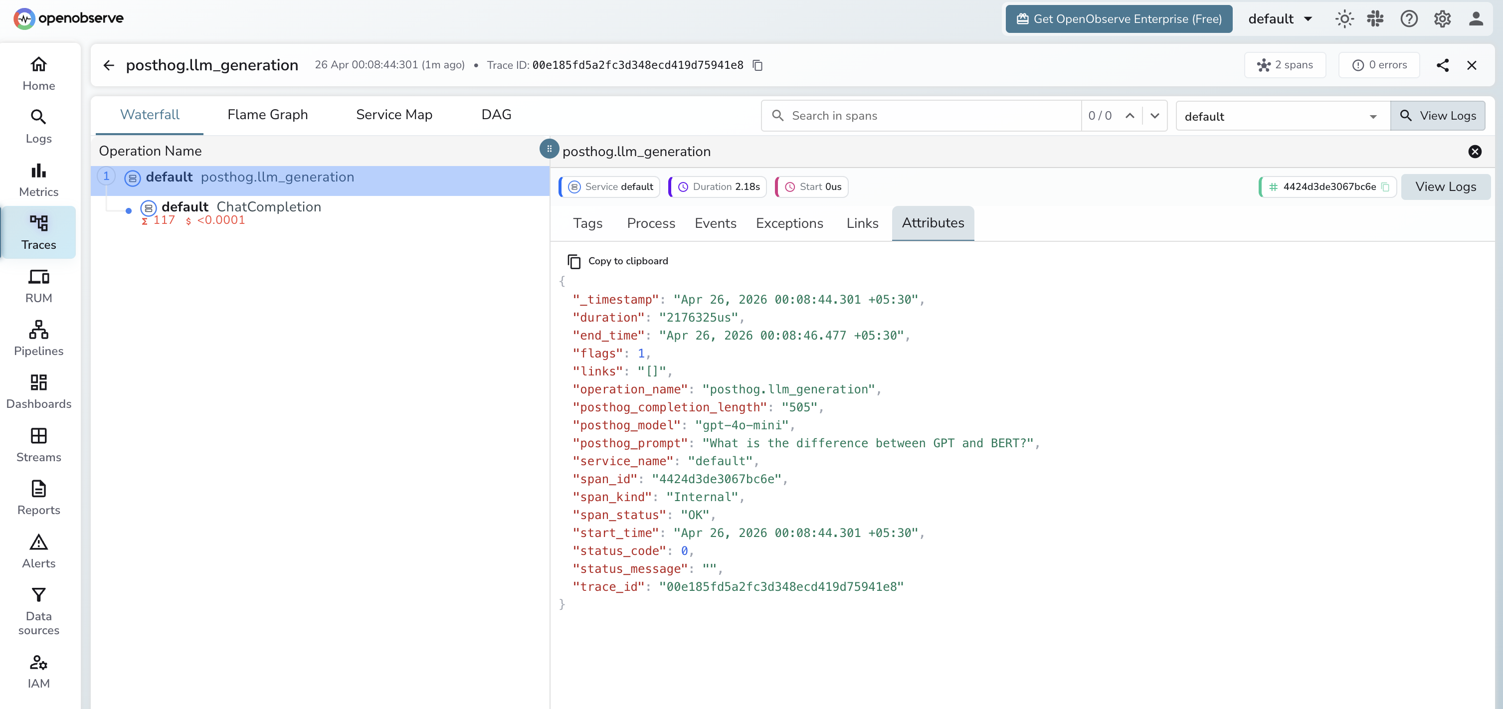 PostHog trace in OpenObserve