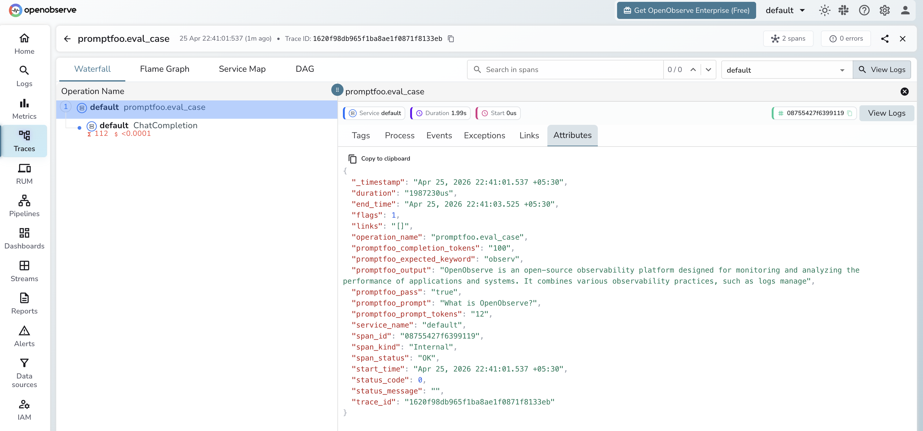 Promptfoo eval trace in OpenObserve