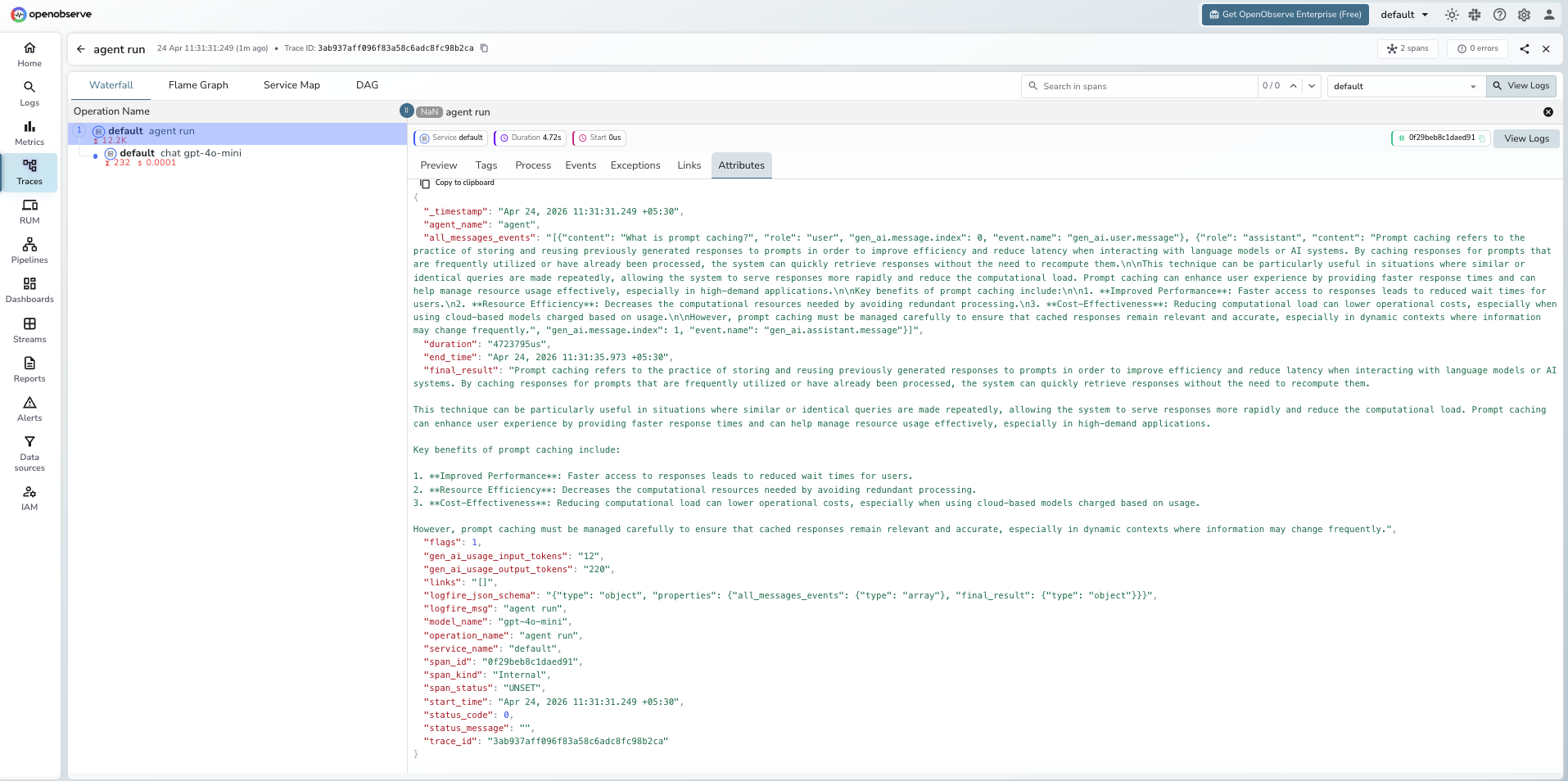 Pydantic AI trace in OpenObserve