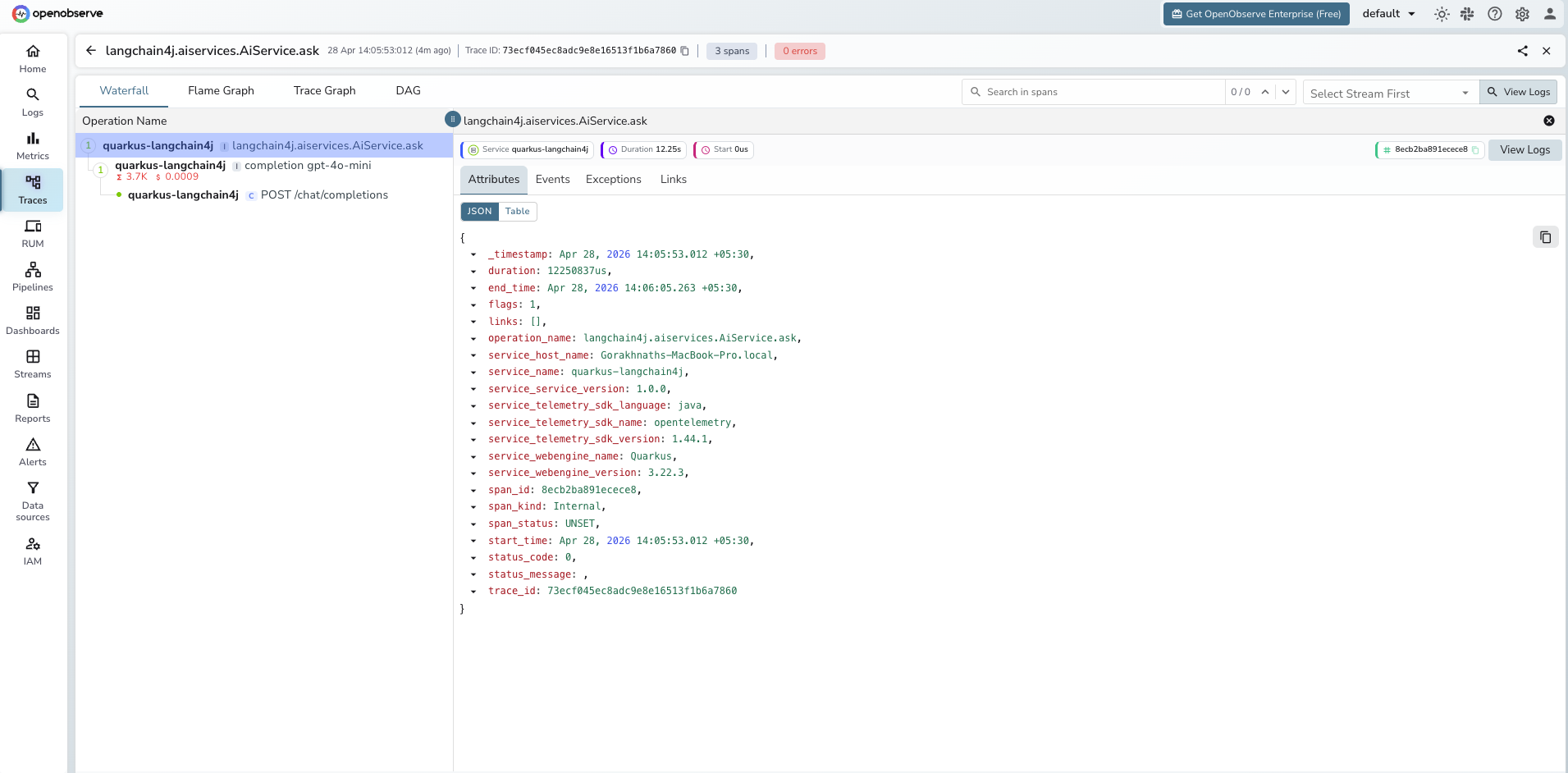 Quarkus LangChain4j traces in OpenObserve