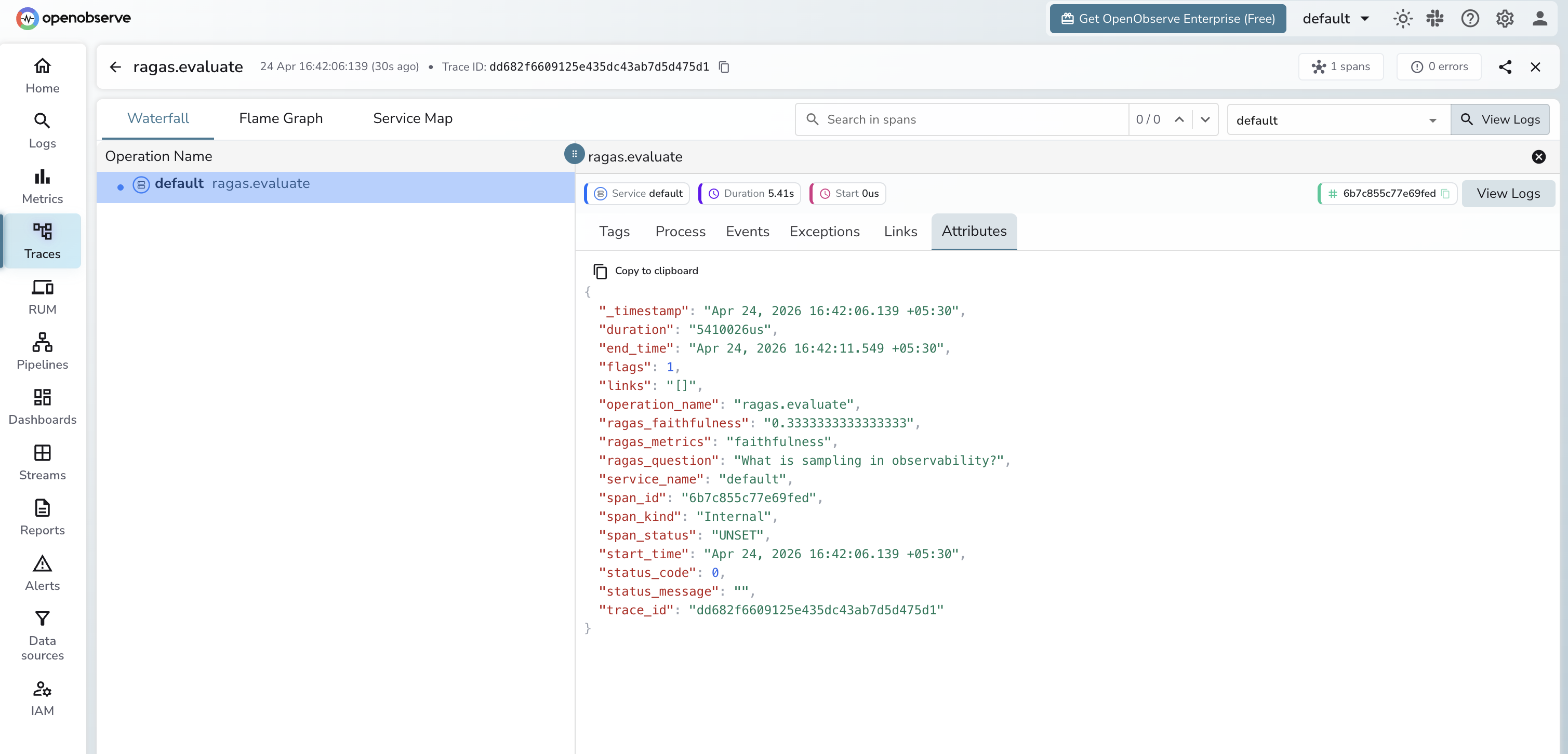Ragas trace in OpenObserve