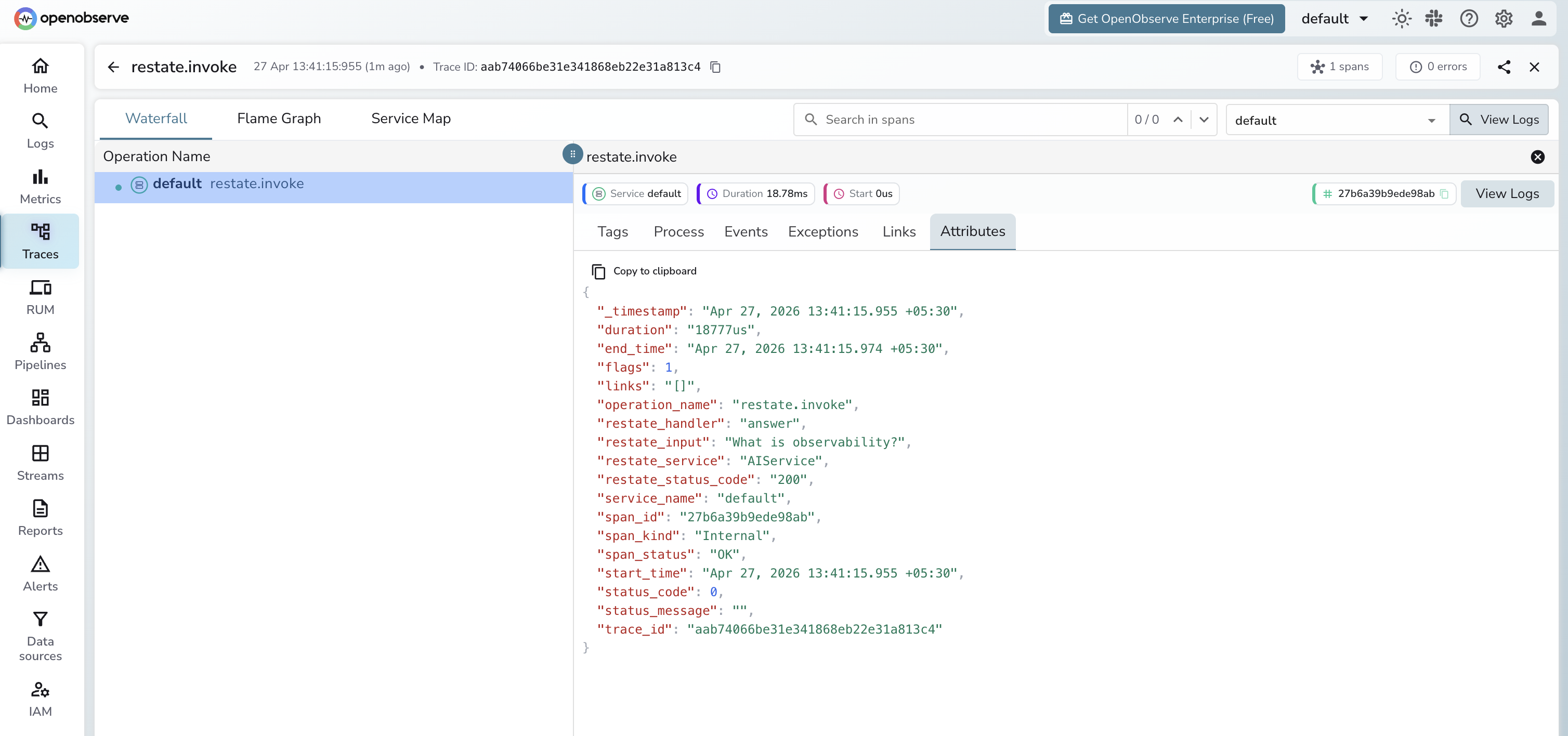 Restate trace in OpenObserve