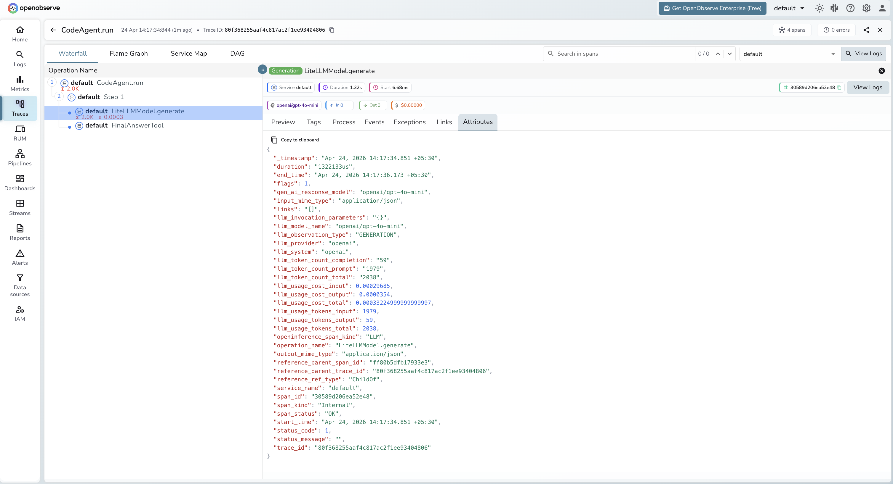 SmolAgents trace in OpenObserve