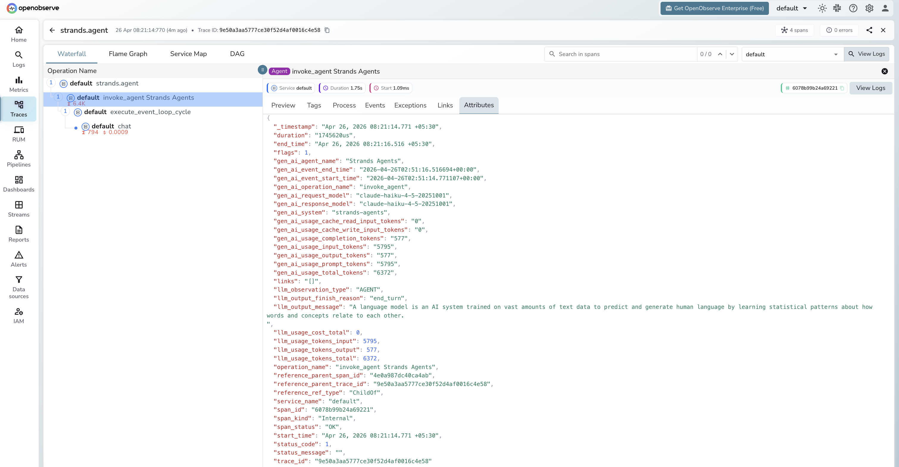 Strands Agents trace in OpenObserve