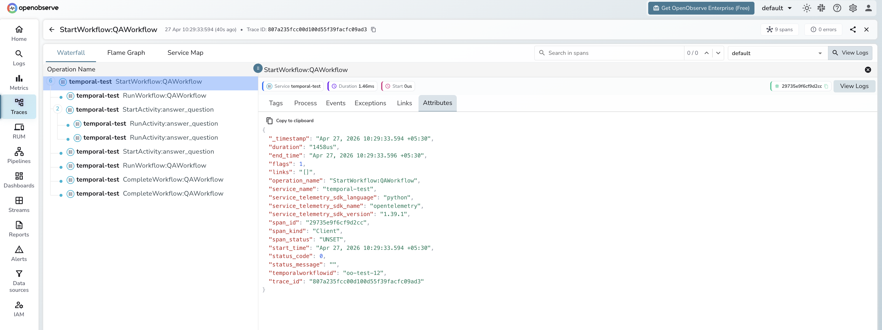Temporal trace in OpenObserve