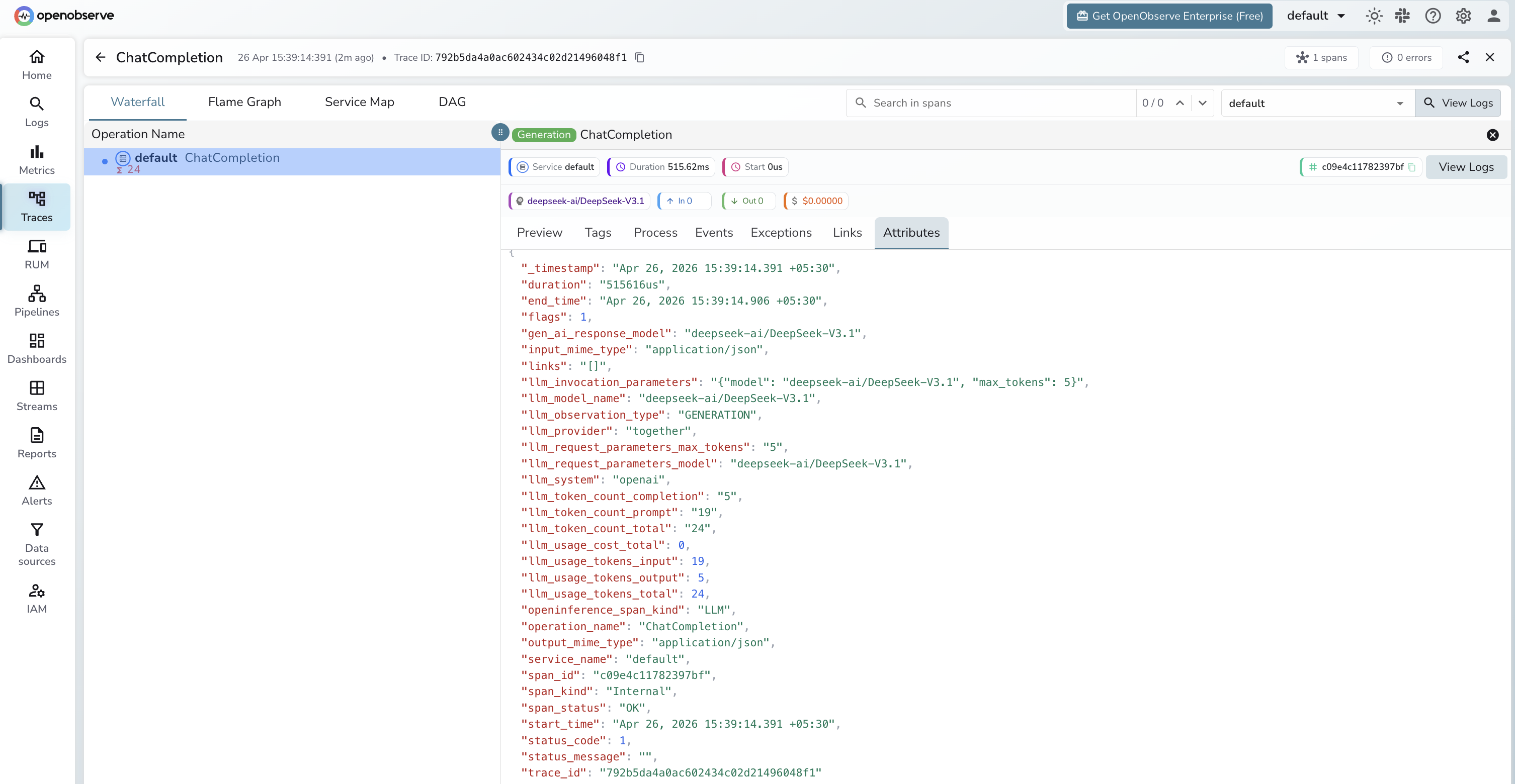 Together AI trace in OpenObserve