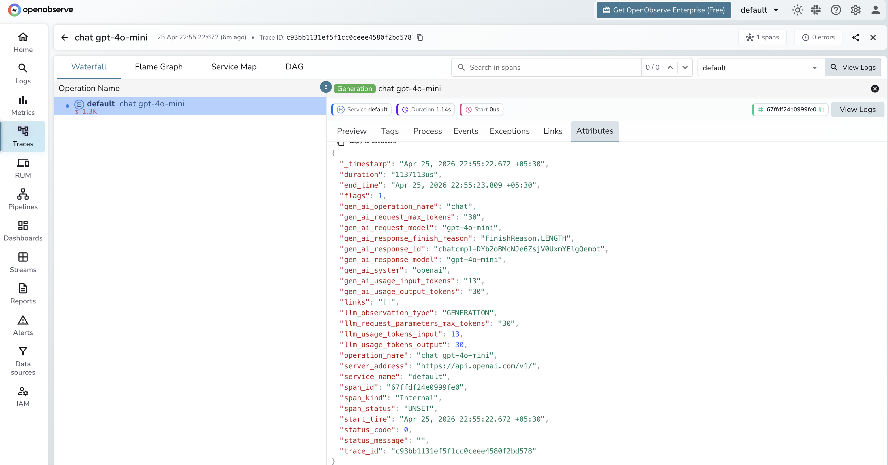 Trubrics trace in OpenObserve