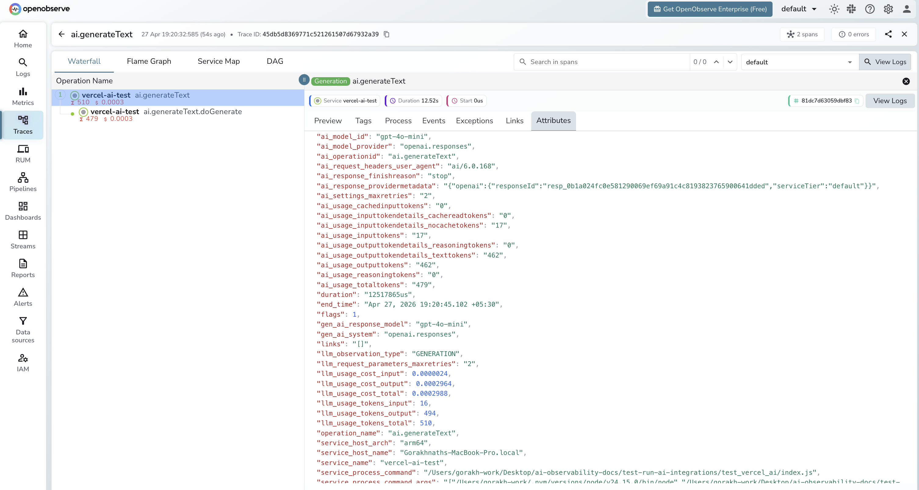Vercel AI SDK traces in OpenObserve