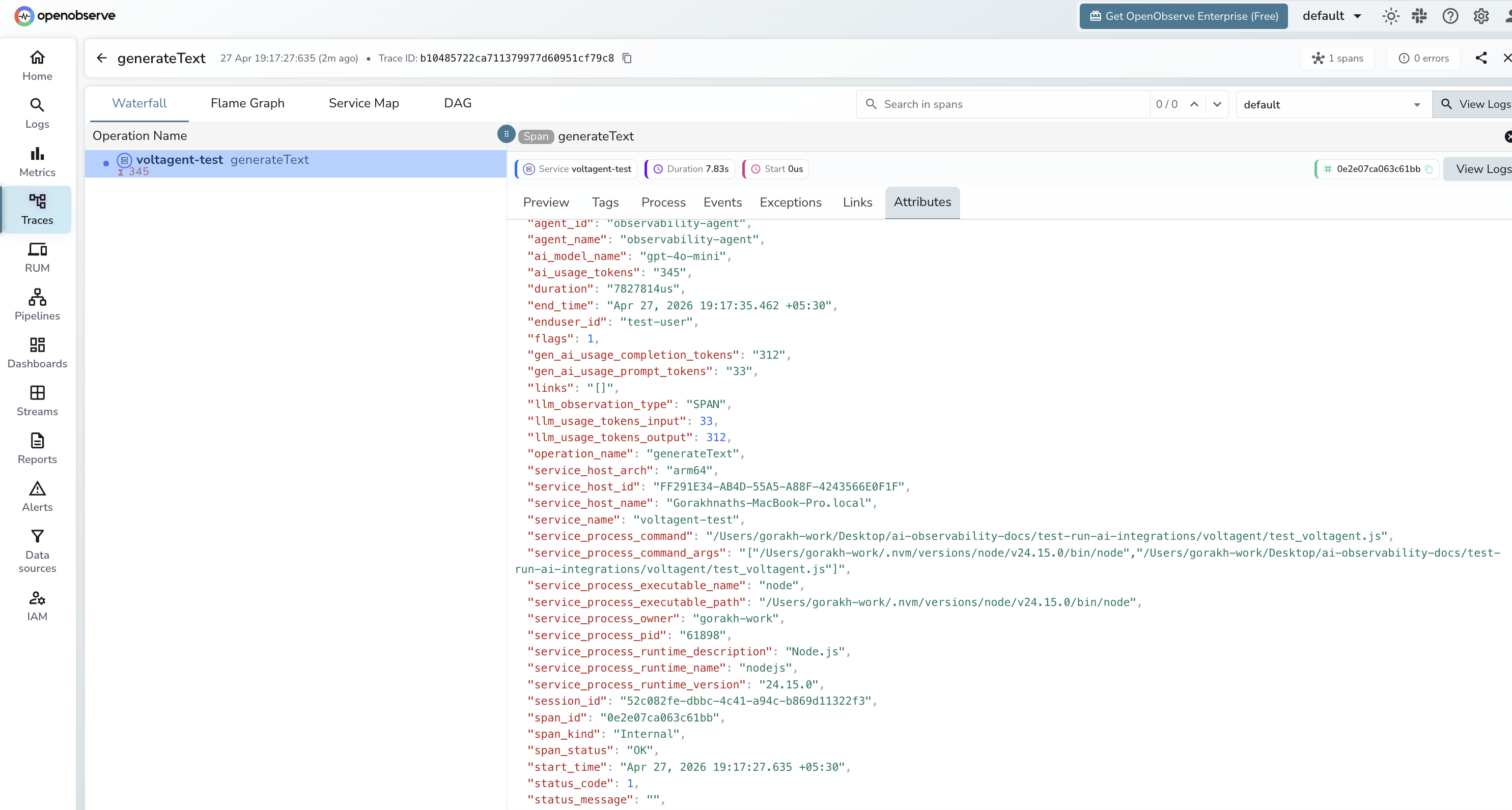 VoltAgent traces in OpenObserve
