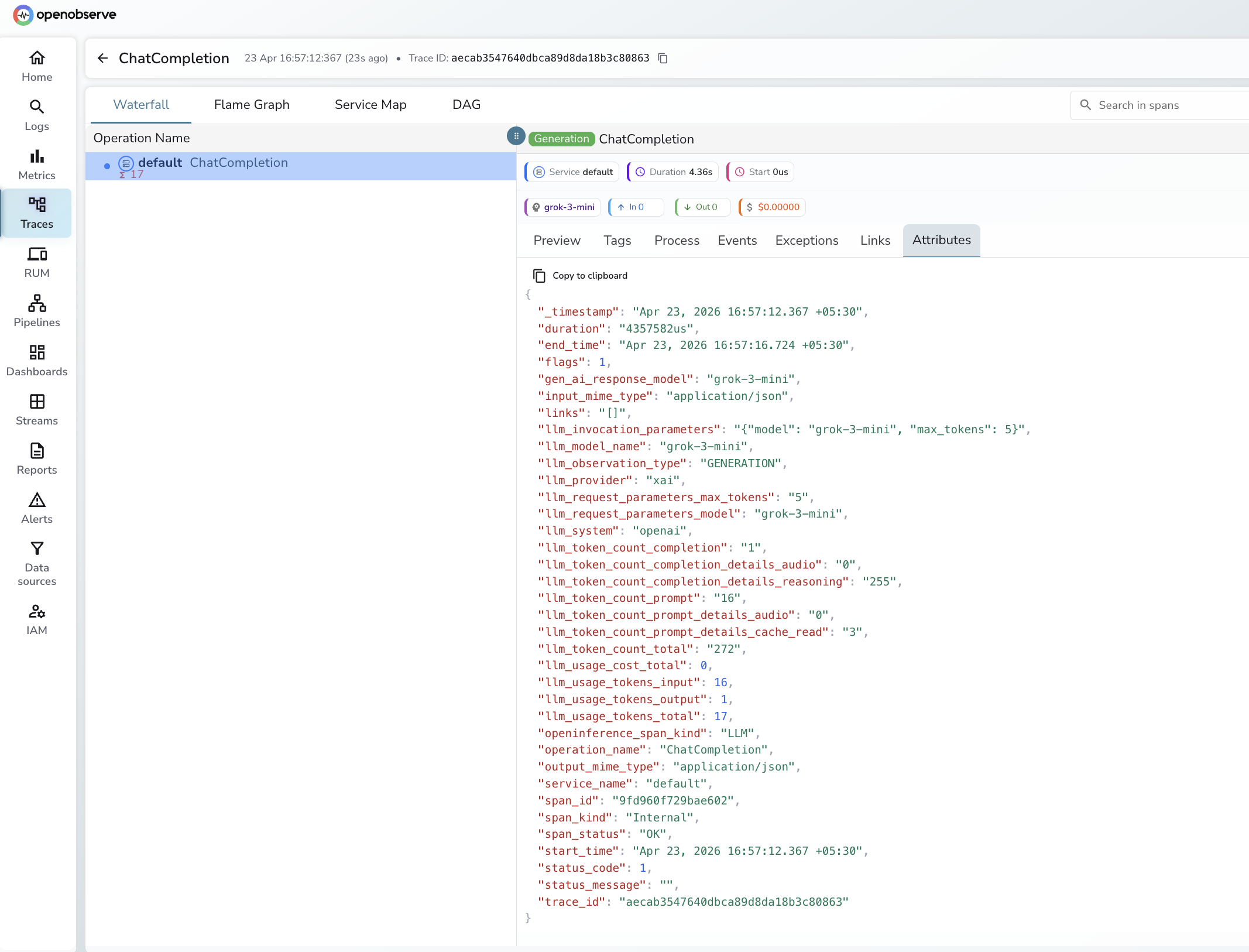 xAI Grok trace in OpenObserve