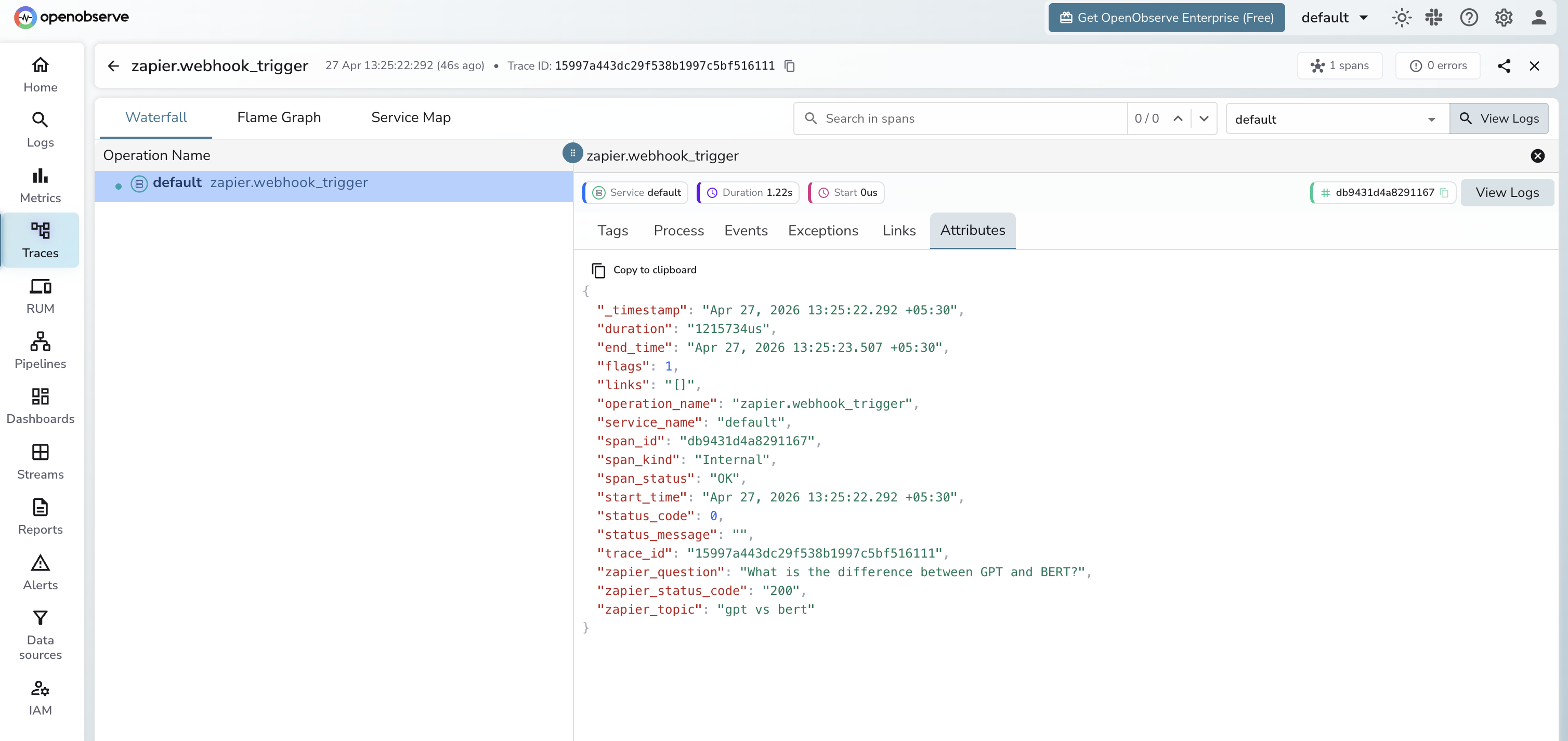 Zapier trace in OpenObserve
