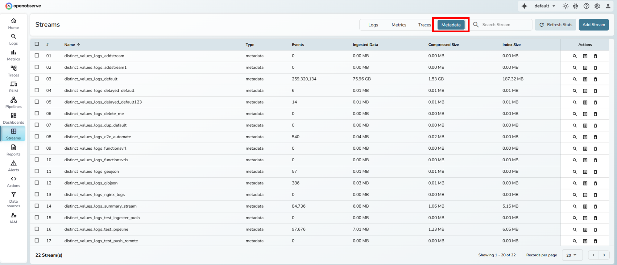metadata distinct values
