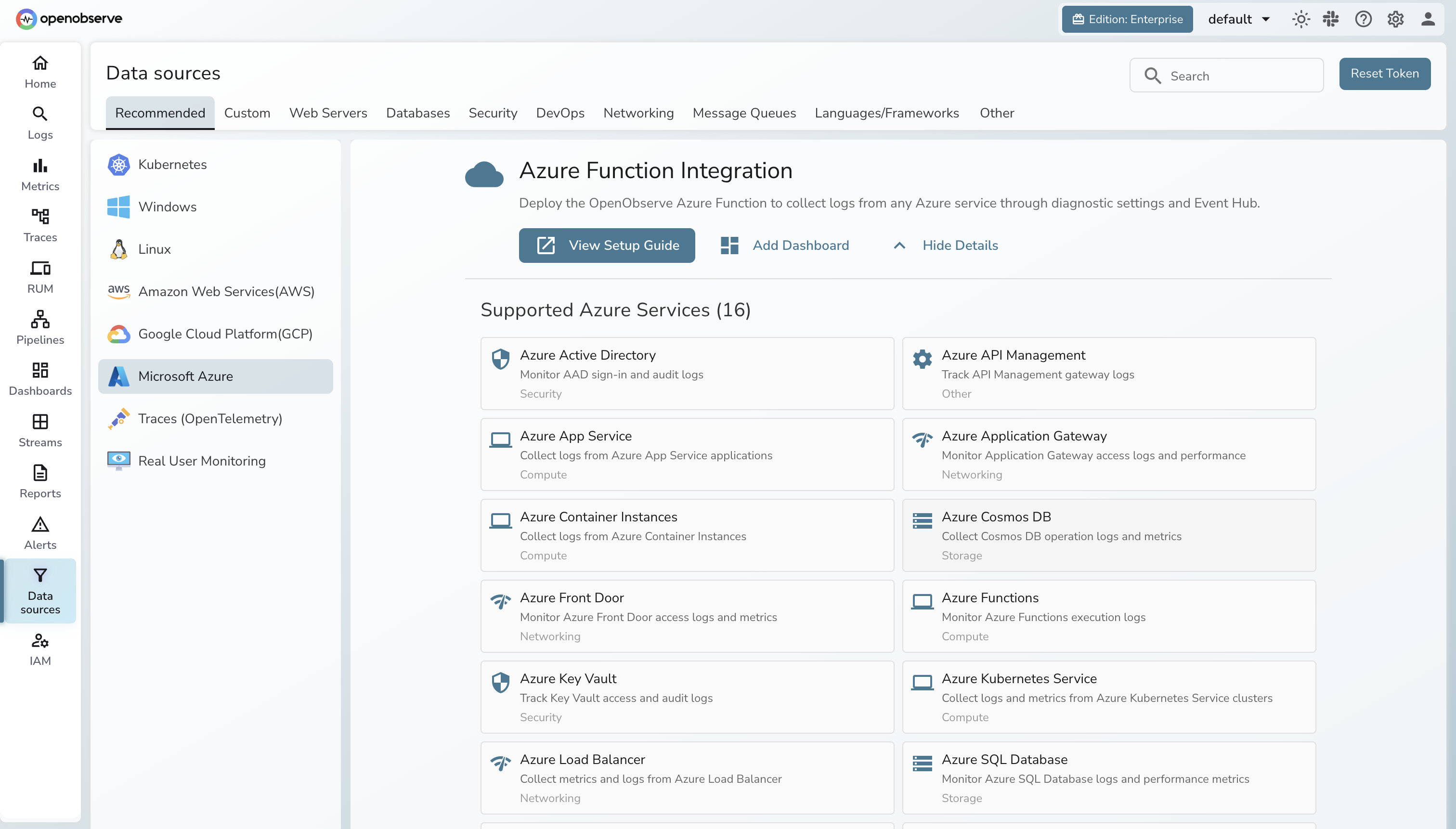 OpenObserve Data Sources - Azure Monitor 